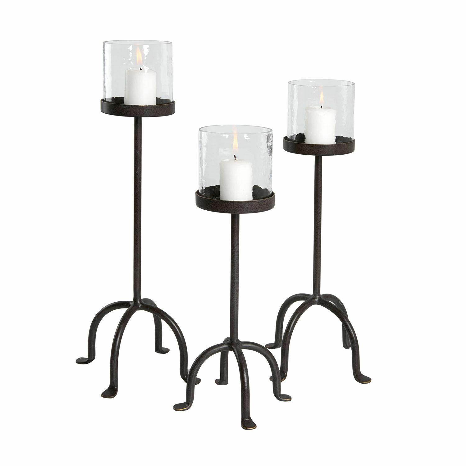 Set di 3 portalumini Tanbira Set di tre portacandele in metallo con vetro trasparente e candele bianche per decorazione casa