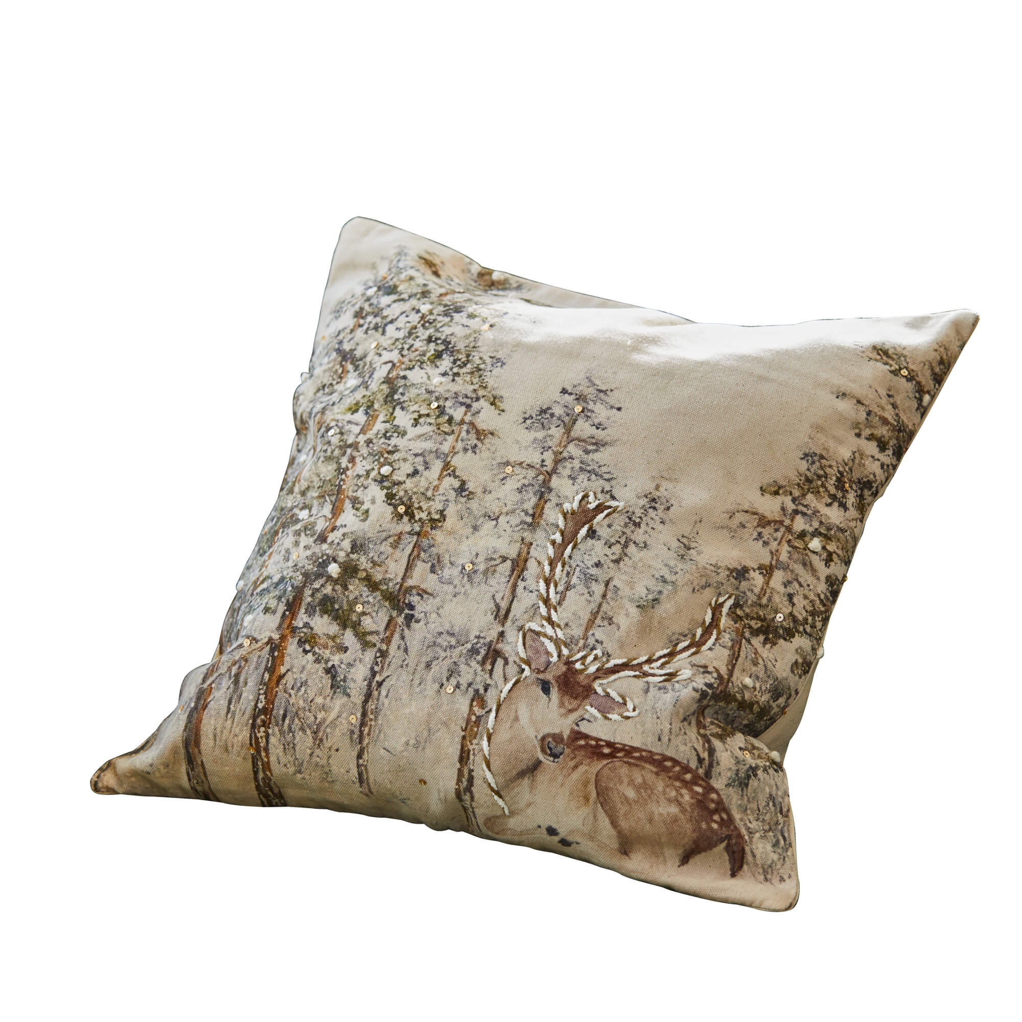 Cuscino beige in cotone con motivo cervo e foresta, decorazione rustica per soggiorno