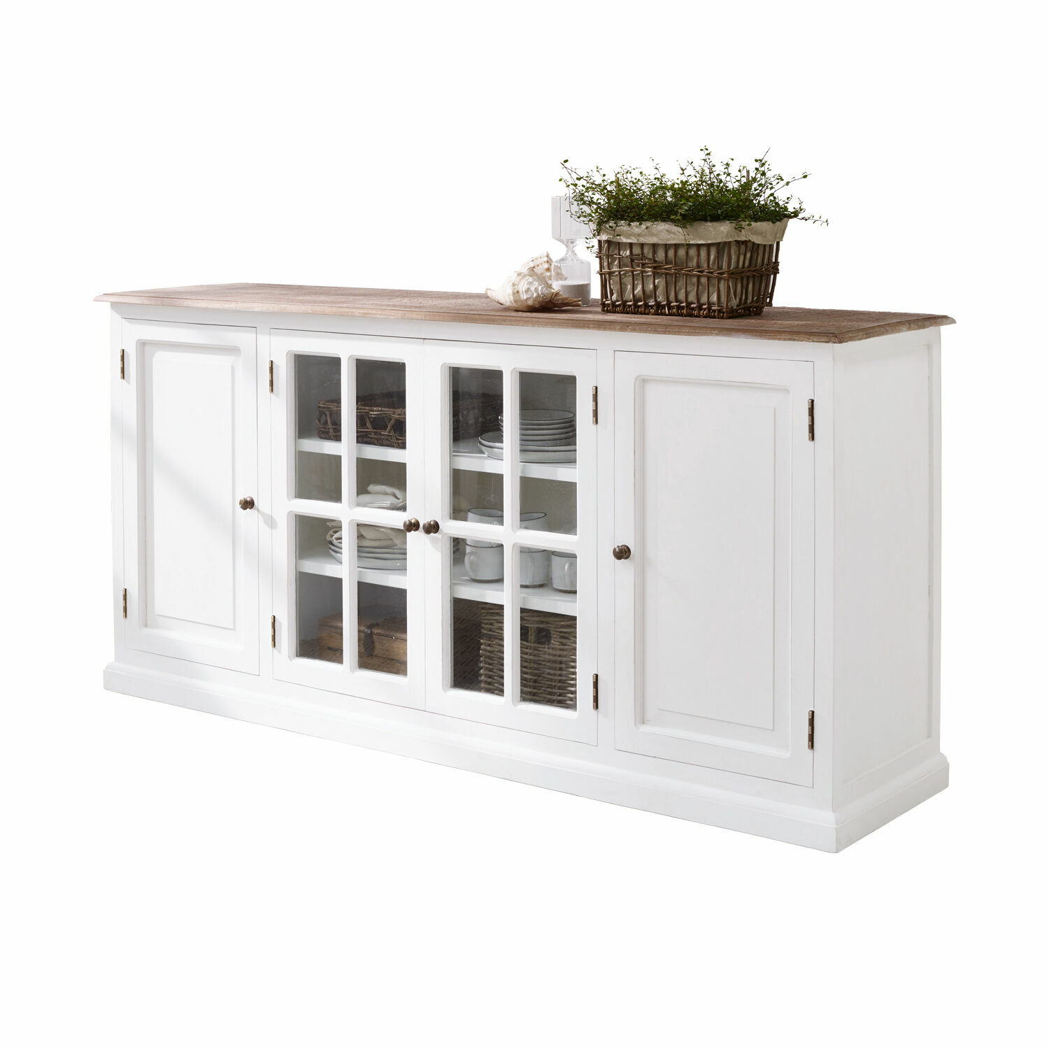 Credenza Kostan Madia bianca in legno con ante in vetro e piano in legno naturale, mobile da soggiorno