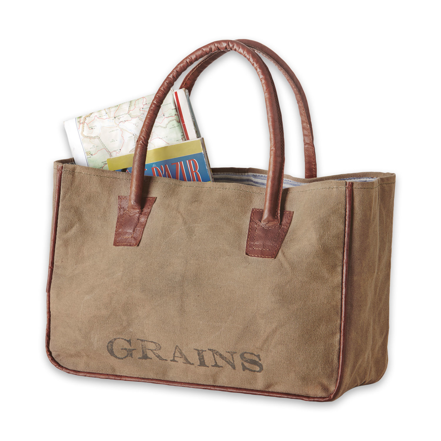 Borsa Grains Borsa beige in tessuto con manici in pelle marrone e scritta GRAINS, perfetta per la spesa