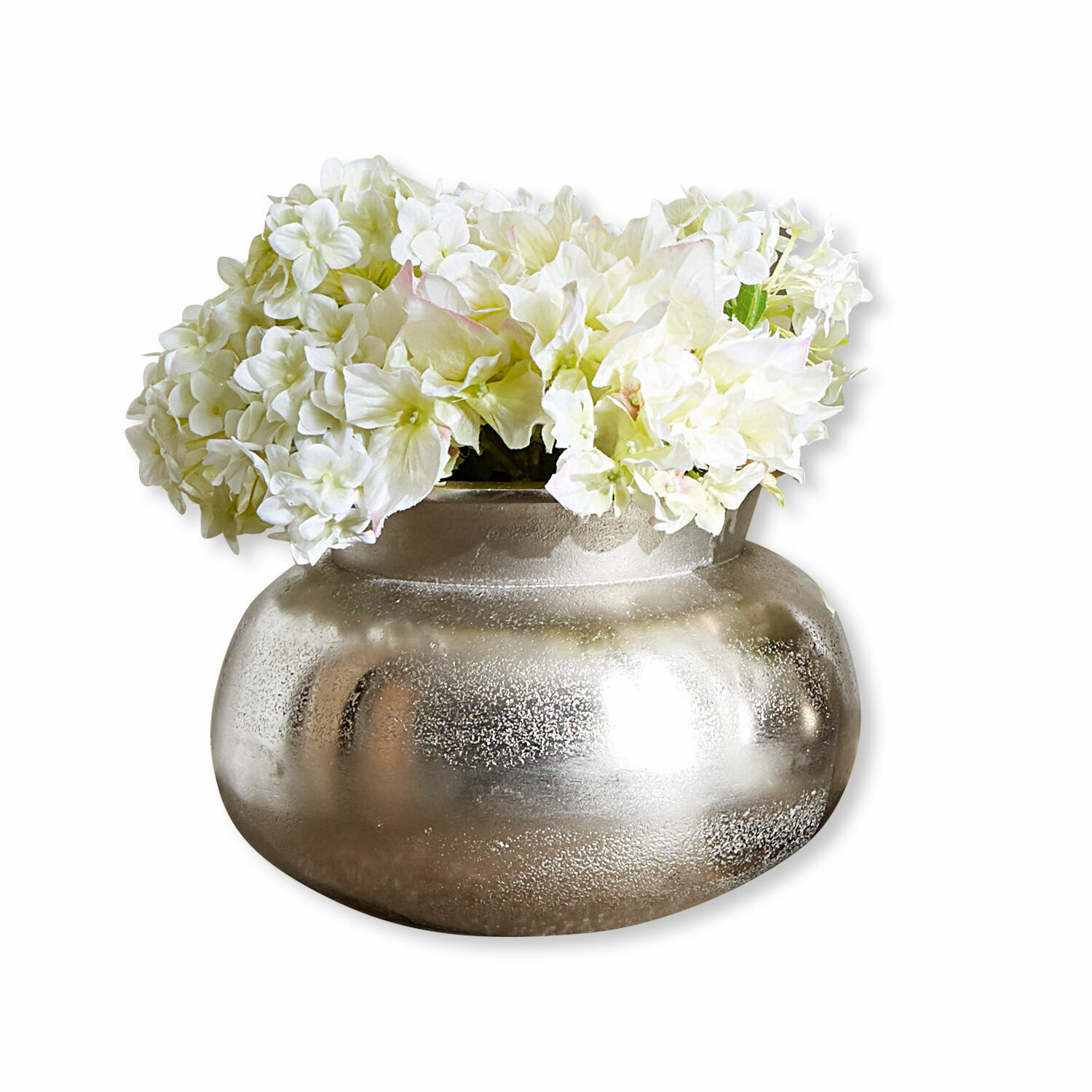 Vaso Hadrien Vaso in metallo argentato con fiori bianchi decorativi per arredamento casa