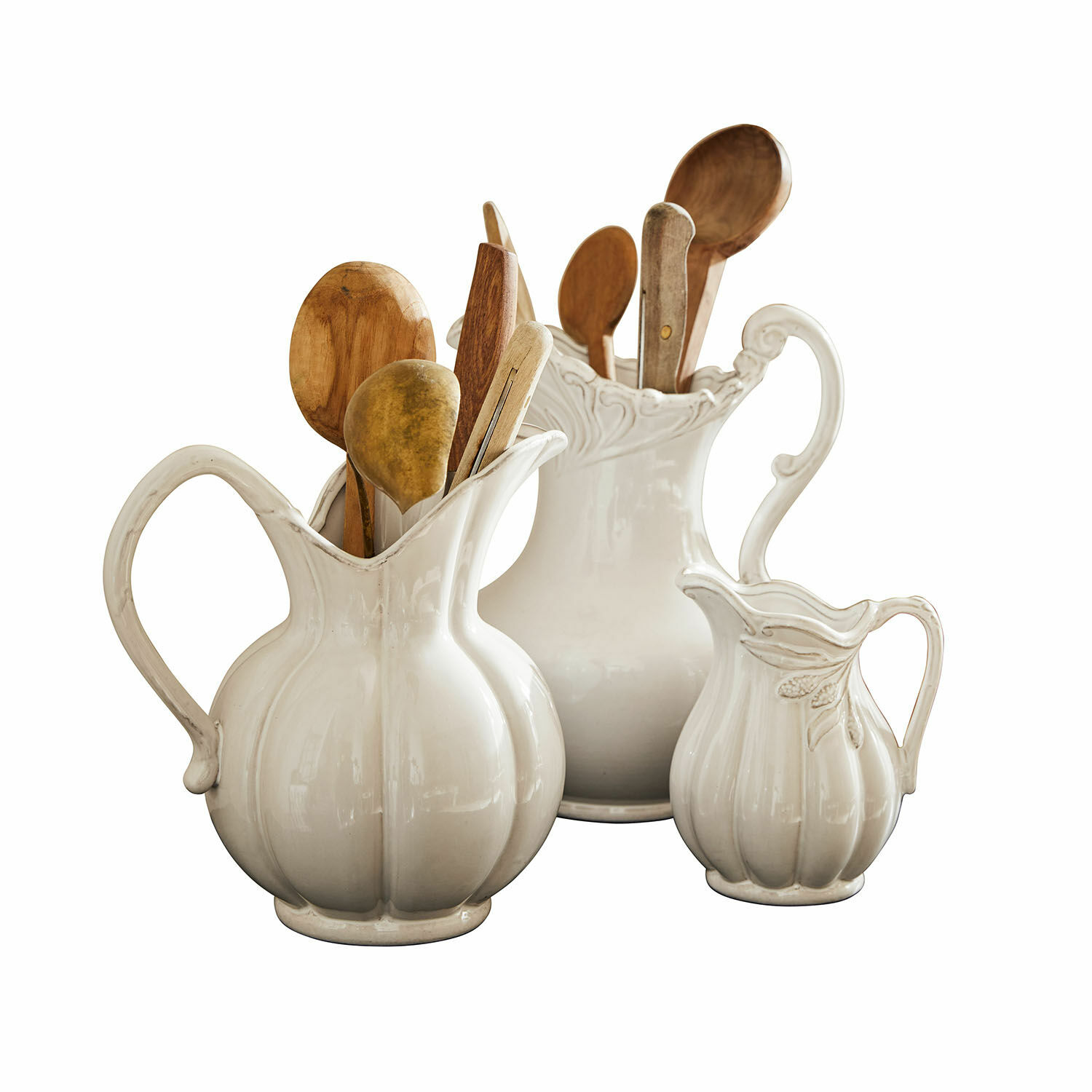 Set di 3 brocche Lucanera Set di brocche in ceramica bianca con cucchiai di legno in stile vintage per cucina