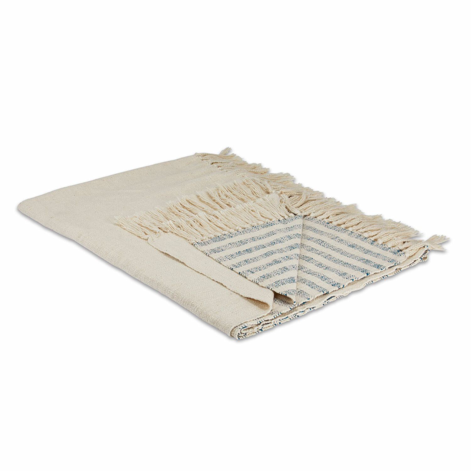 crema/vblu Plaid crema e blu in cotone con frange, morbido e decorativo, ideale per il soggiorno