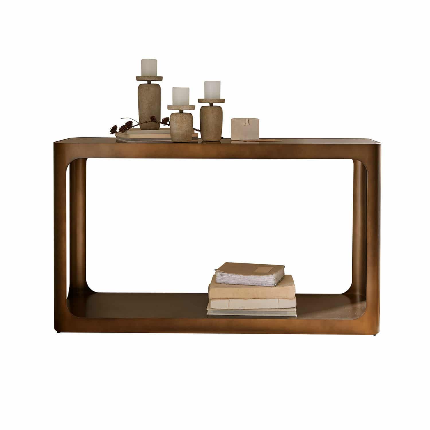 Consolle Bexington Tavolino in metallo marrone con bordi arrotondati, decorato con candelabri e libri, design moderno