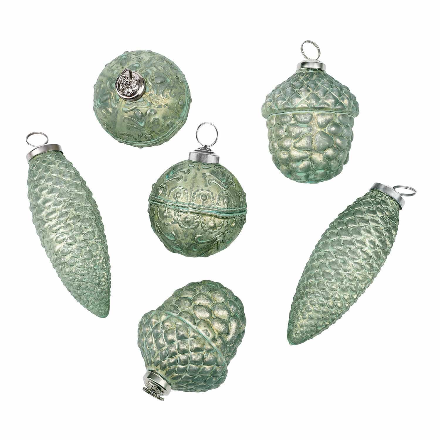 verde/argento Set di 6 decorazioni natalizie verdi e argento in vetro con motivo pigne