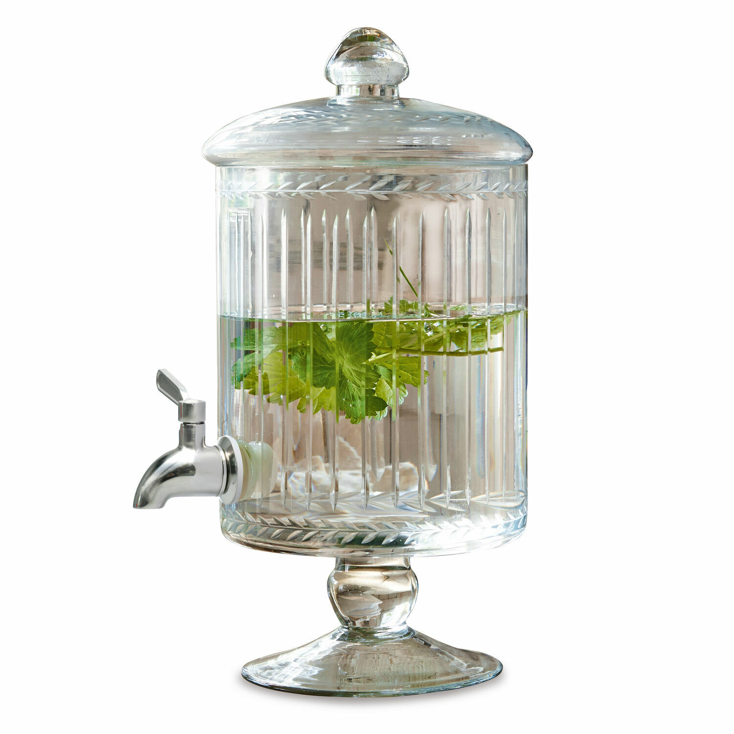 Dispenser di bevande Makiya Dispenser per bevande in vetro trasparente con coperchio e rubinetto, con foglie verdi all'interno