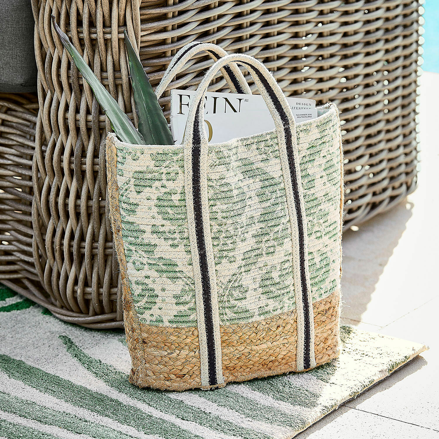 Borsa Drancel Borsa in juta e cotone verde e beige con manici a righe, perfetta per spesa e spiaggia