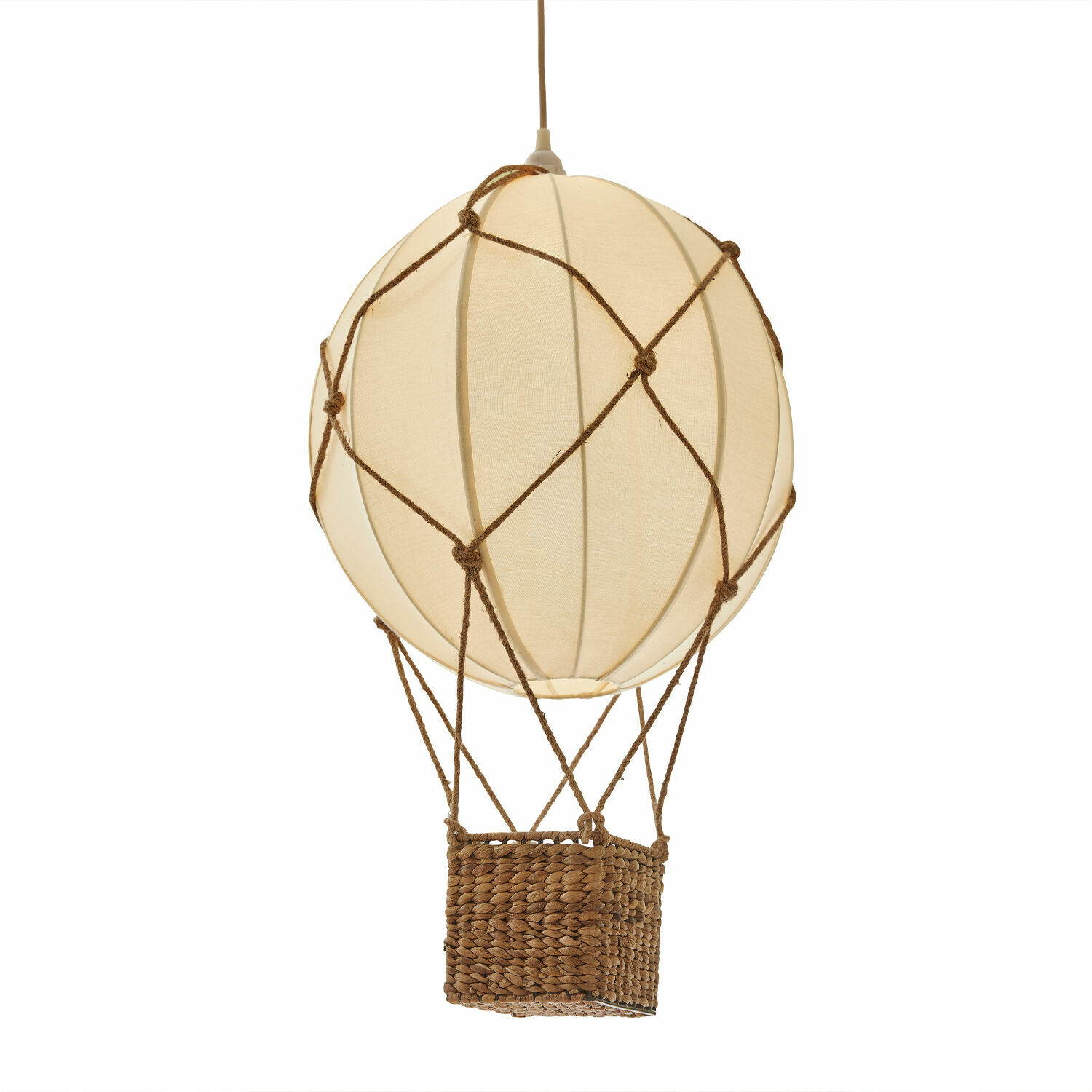 Lampada a sospensione Plumillon Lampada a sospensione a forma di mongolfiera in tessuto beige e corda naturale per arredamento