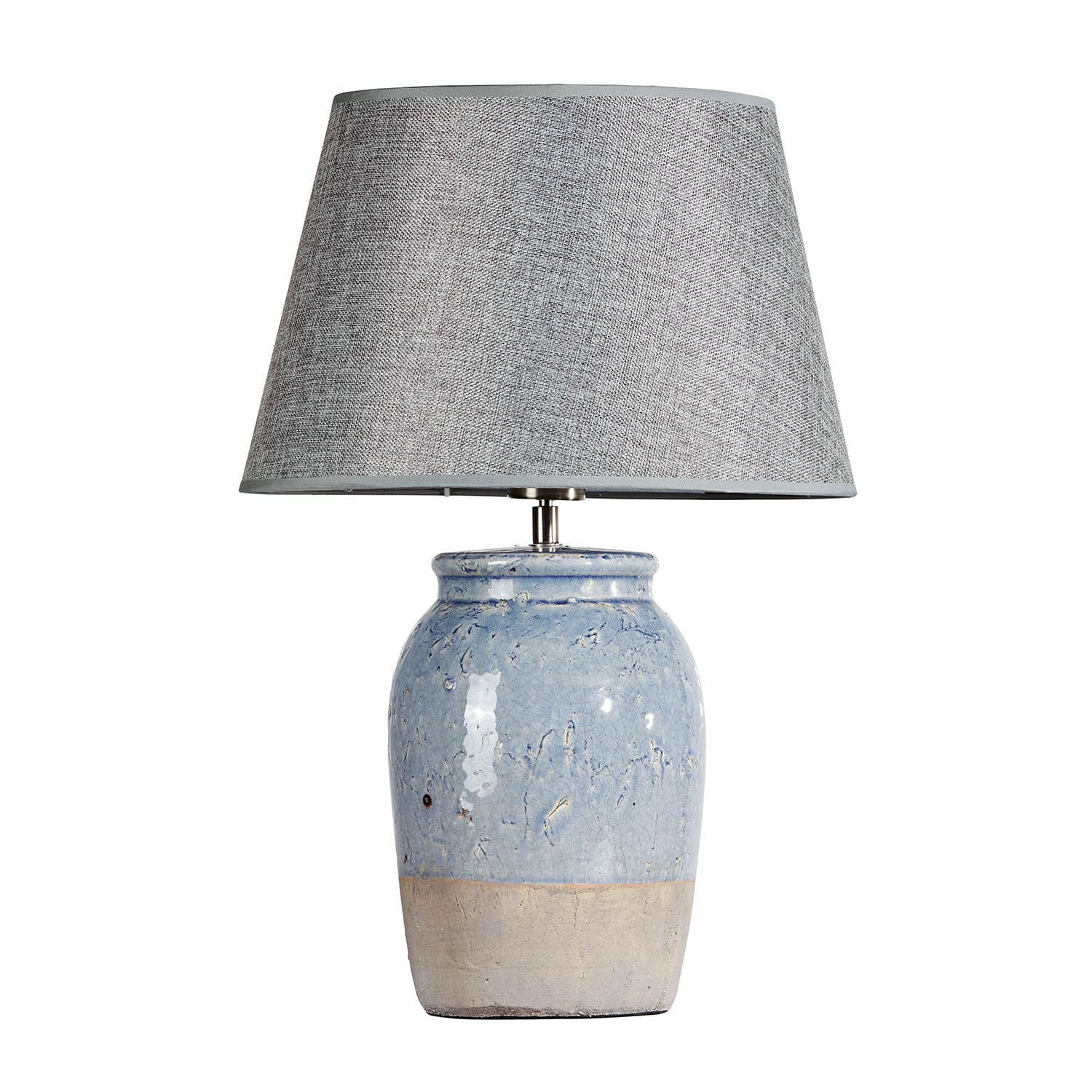 Lampada da tavolo Manly Lampada da tavolo con base in ceramica blu e paralume grigio in tessuto per soggiorno