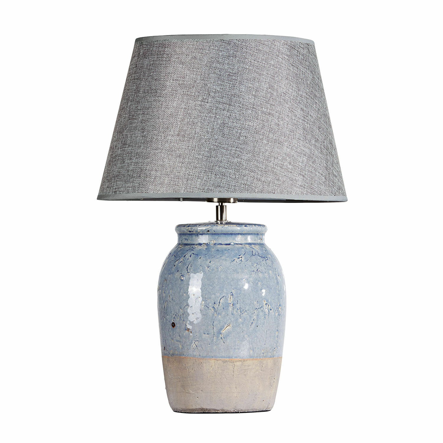 Lampada da tavolo Manly Lampada da tavolo con base in ceramica blu e paralume grigio in tessuto per soggiorno