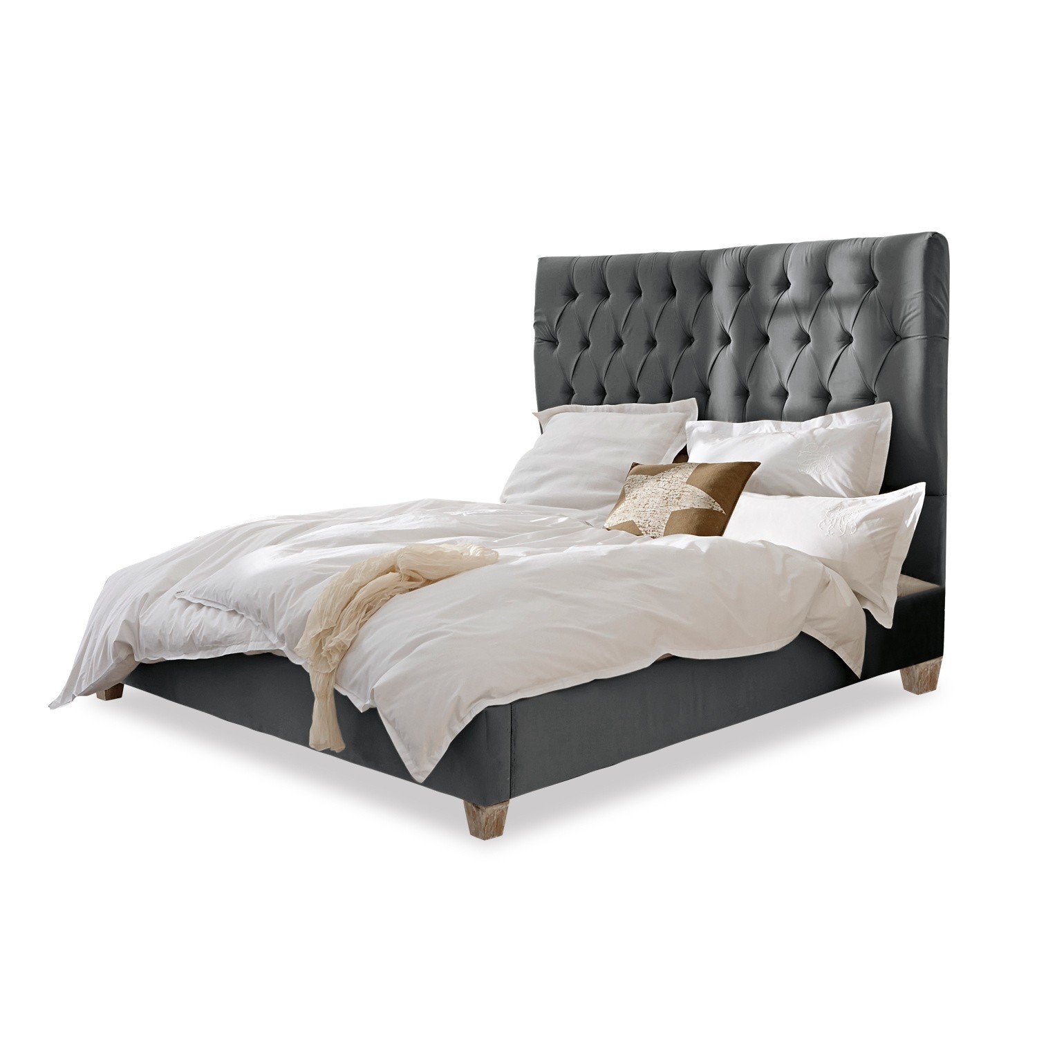 grigio Letto Benton grigio con testiera capitonné e gambe in legno, rivestito in tessuto