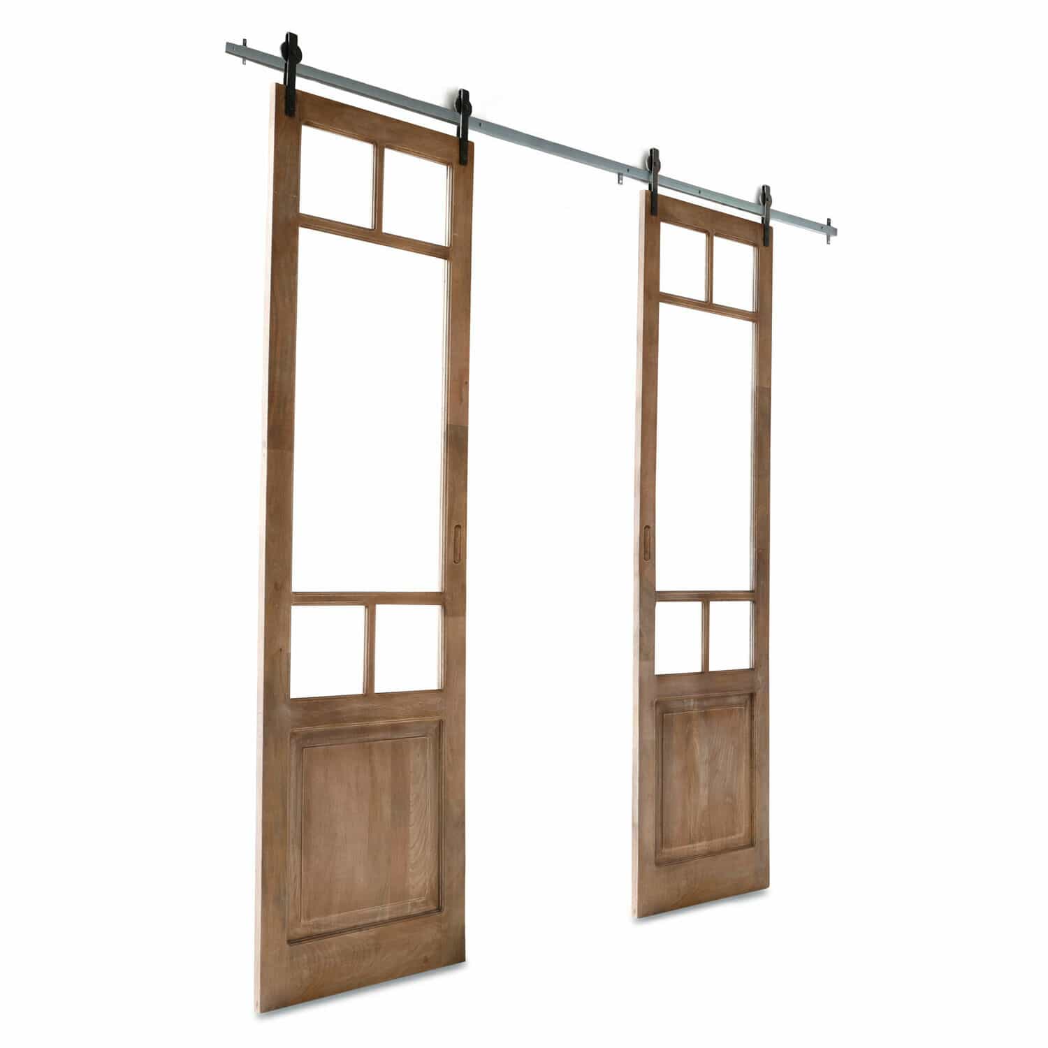 Porta scorrevole a doppia anta Bradas Porte scorrevoli in legno chiaro con binario metallico, stile rustico per interni