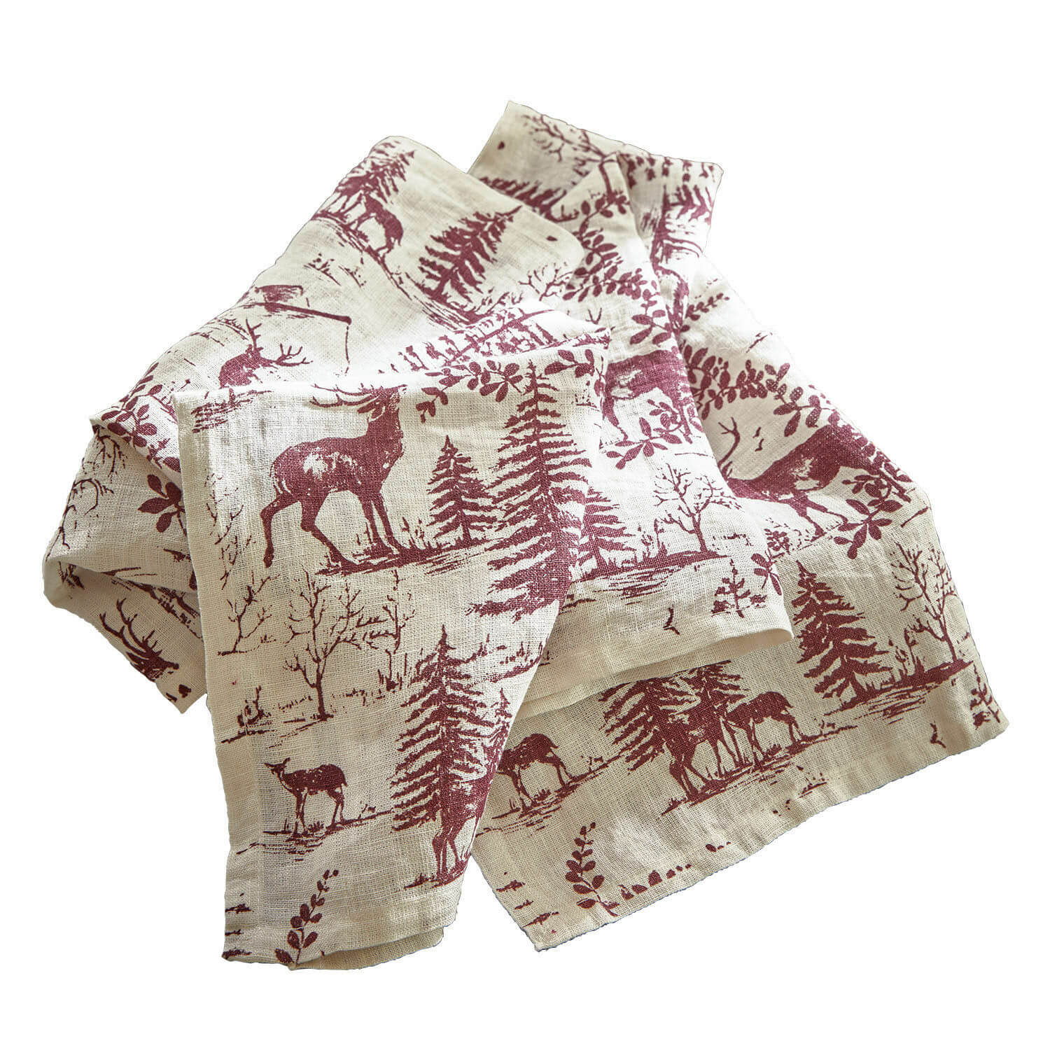 Set di 4 tovaglioli Sundraen Tovaglia in lino color naturale con stampa bordeaux di cervi e alberi, decorazione da tavola