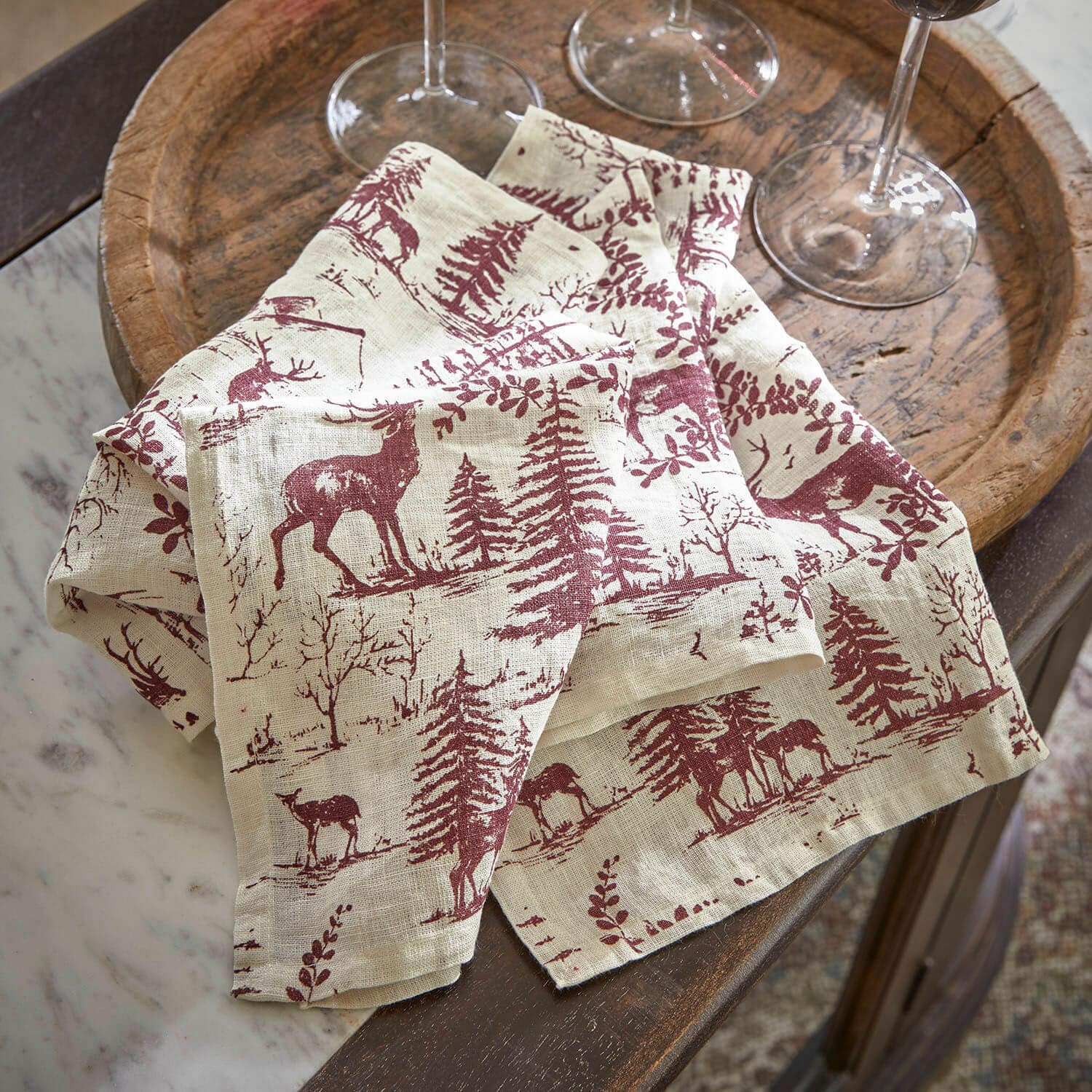 Set di 4 tovaglioli Sundraen Tovaglia in lino color naturale con stampa bordeaux di cervi e alberi, decorazione rustica per tavola