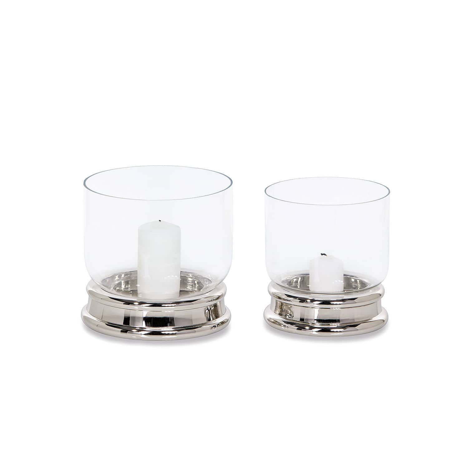 Coppia di portacandele Terrier Set di due portacandele in vetro e acciaio inox argento con candele bianche per decorazione d'interni