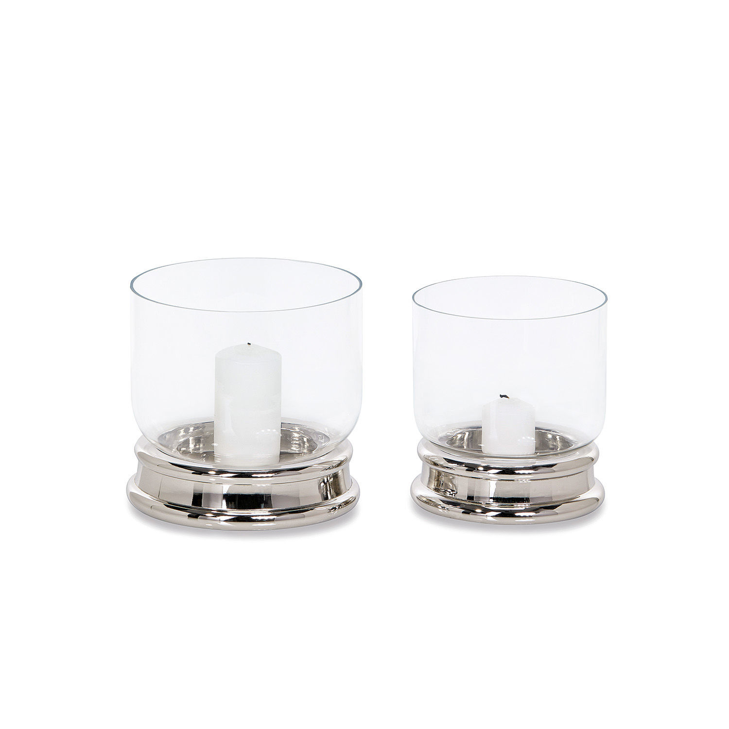 Coppia di portacandele Terrier Set di due portacandele in vetro e acciaio inox argento con candele bianche per decorazione d'interni