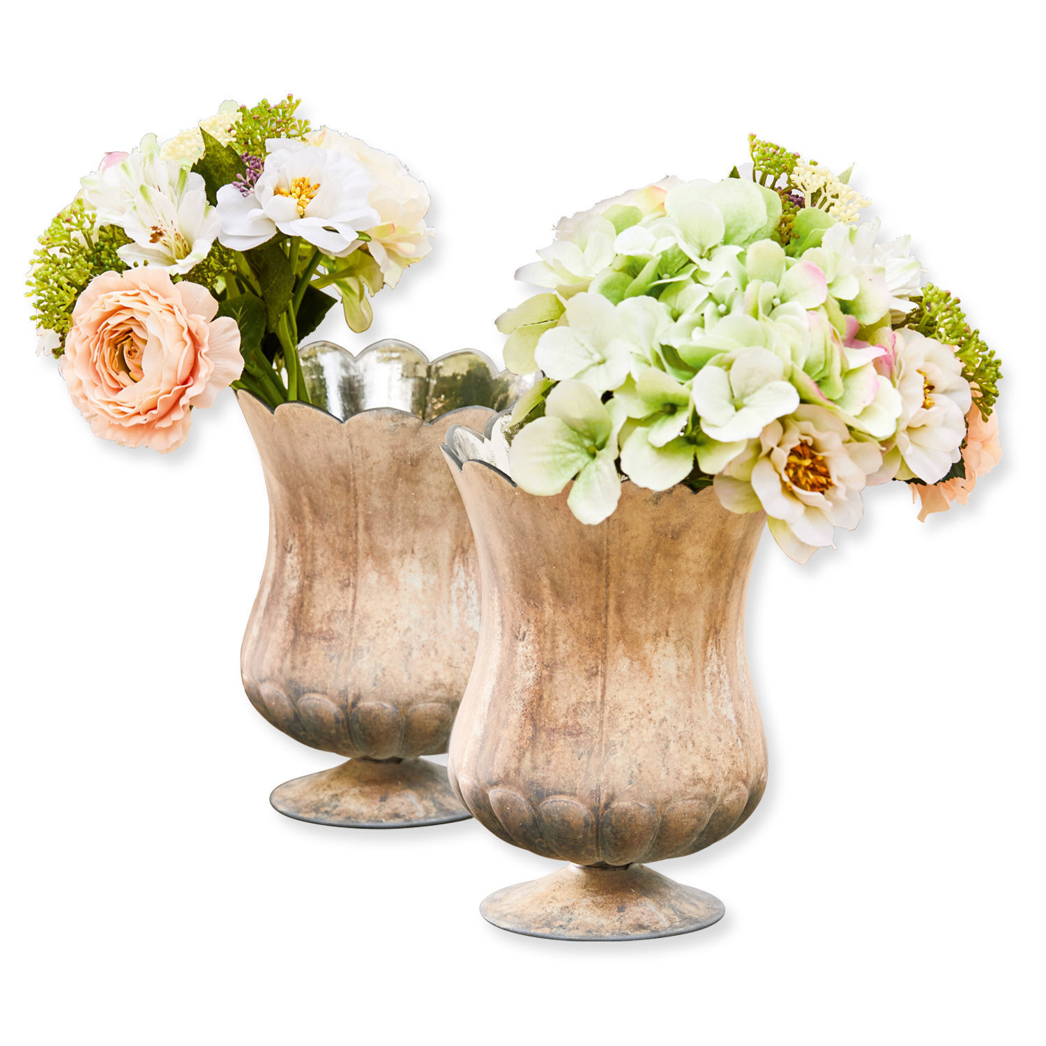 Coppia di vasi Wilgard Due vasi decorativi in metallo color oro antico con mazzi di fiori artificiali per arredamento