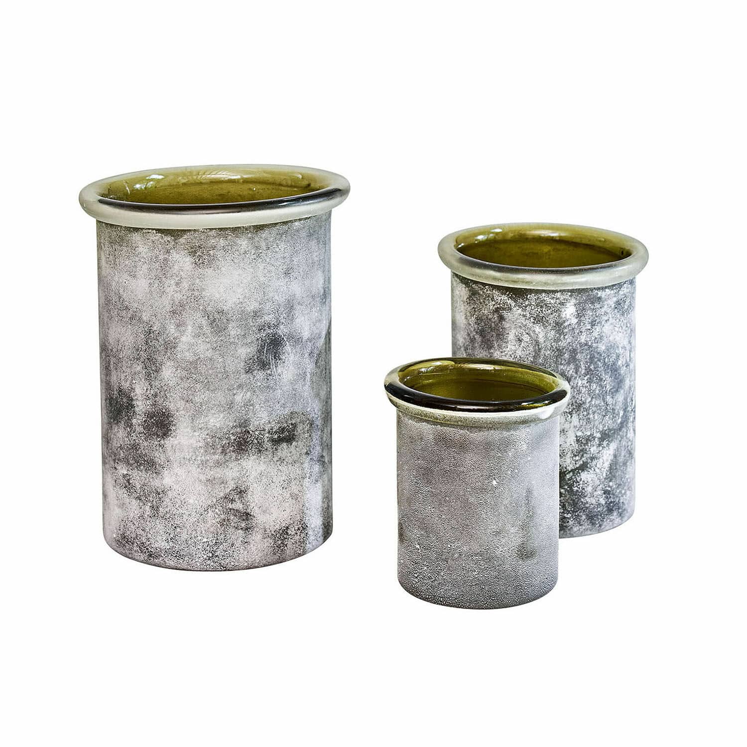 Set di 3 lanterne Iskira Set di tre vasi in ceramica grigia con interno verde oliva e bordo lucido, finitura opaca