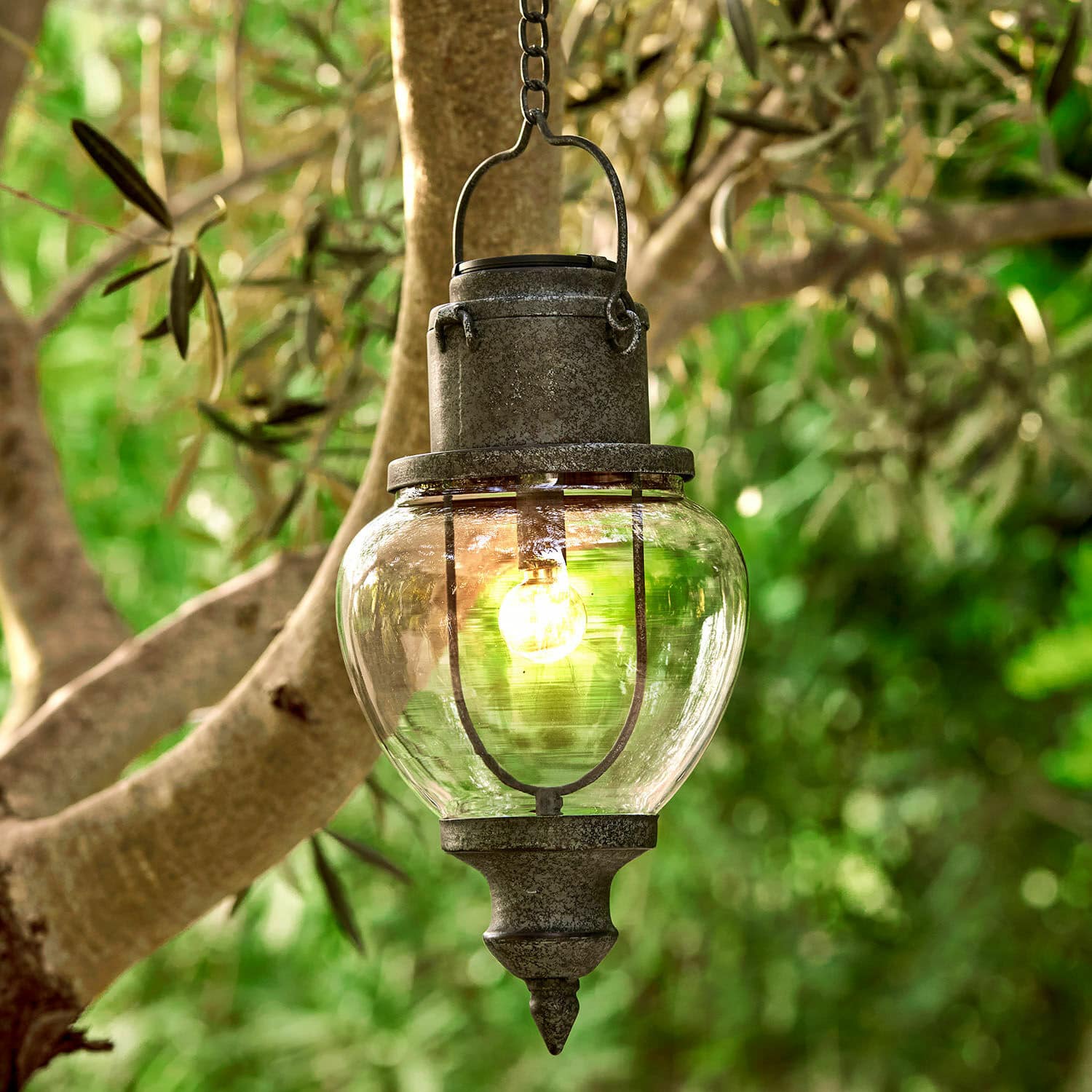 Lanterna solare da appendere Relixan Lampada da esterno sospesa in metallo grigio con paralume in vetro trasparente, illuminazione da giardino