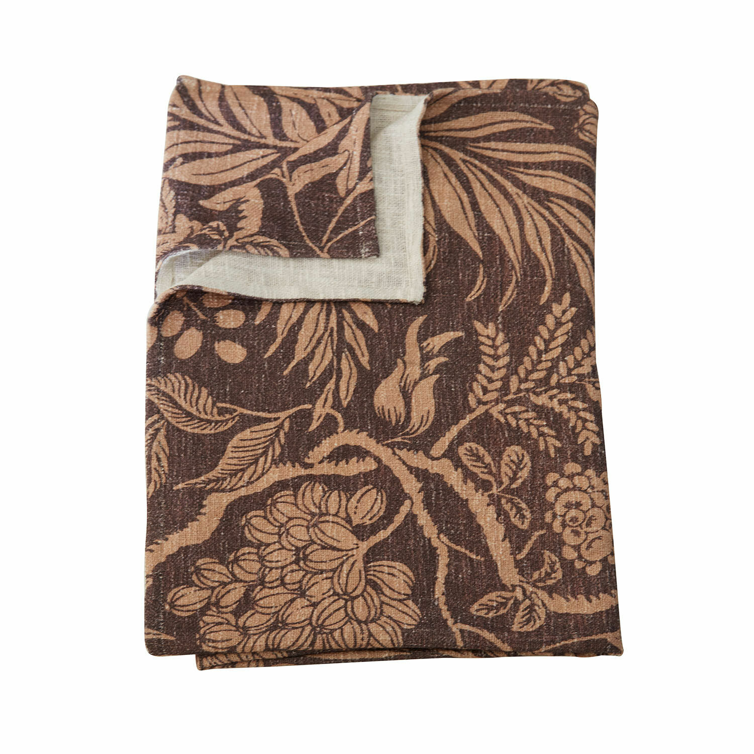 Plaid Carivelle Tovaglia in lino marrone con motivo vegetale, tessuto naturale decorativo per la casa