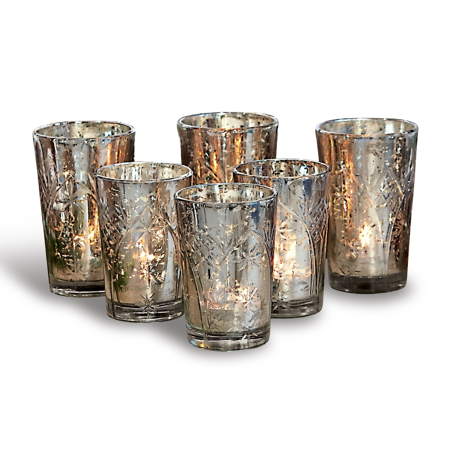 Set di 6 portacandele in vetro Latona Set di sei portacandele in vetro con effetto ottone e motivo a stella, decorazione per interni