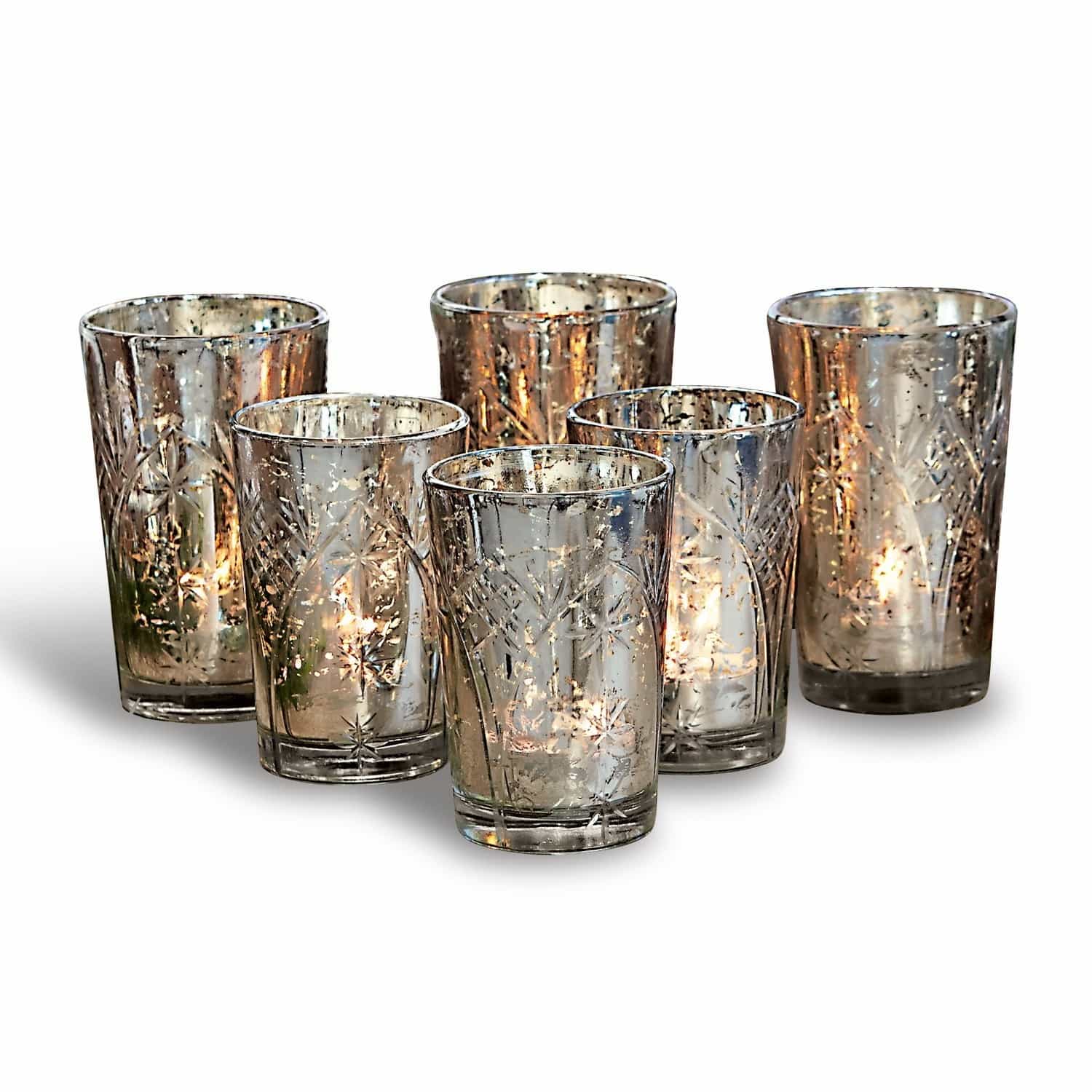 Set di sei portacandele in vetro con effetto ottone e motivo a stella, decorazione per interni