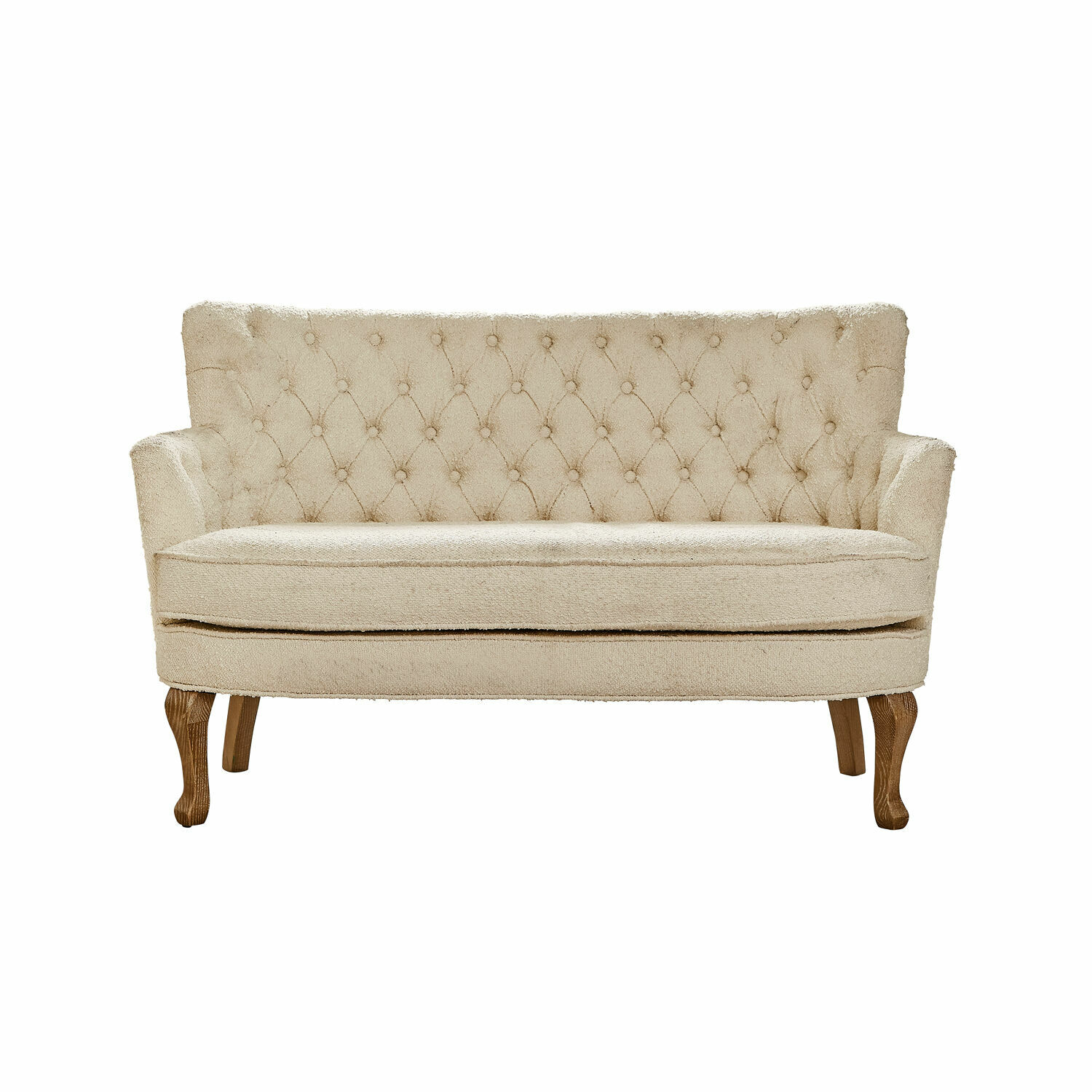 beige Divano beige Calgary in tessuto morbido con schienale capitonné e gambe in legno, stile vintage