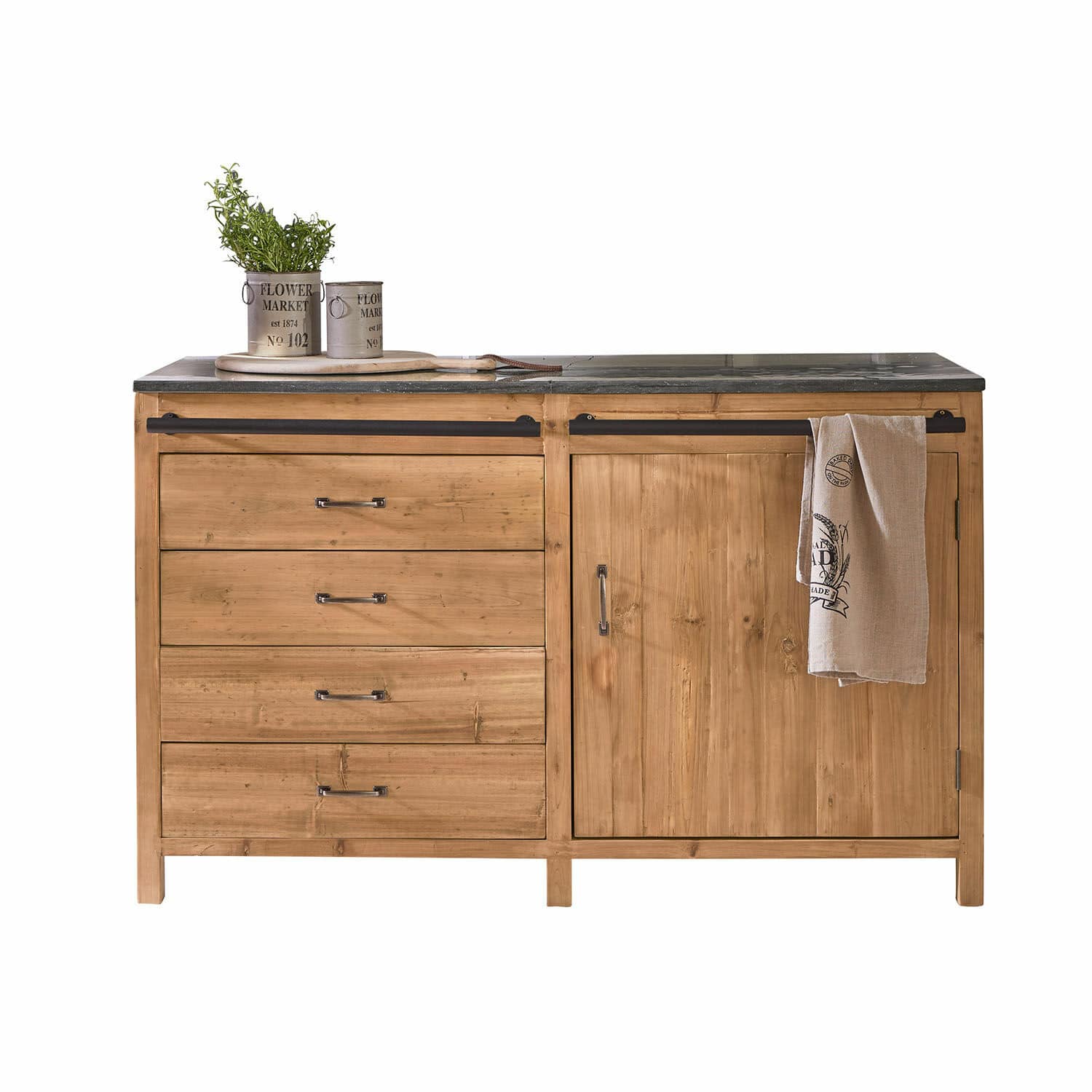 Mobile per la cucina Sunnybrook Madia in legno con piano nero, quattro cassetti e anta, mobile rustico da cucina