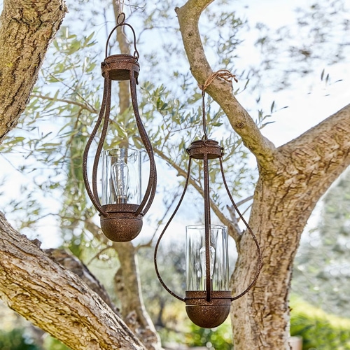 Set di due lanterne sospese in metallo arrugginito con vetro trasparente, decorazione da giardino