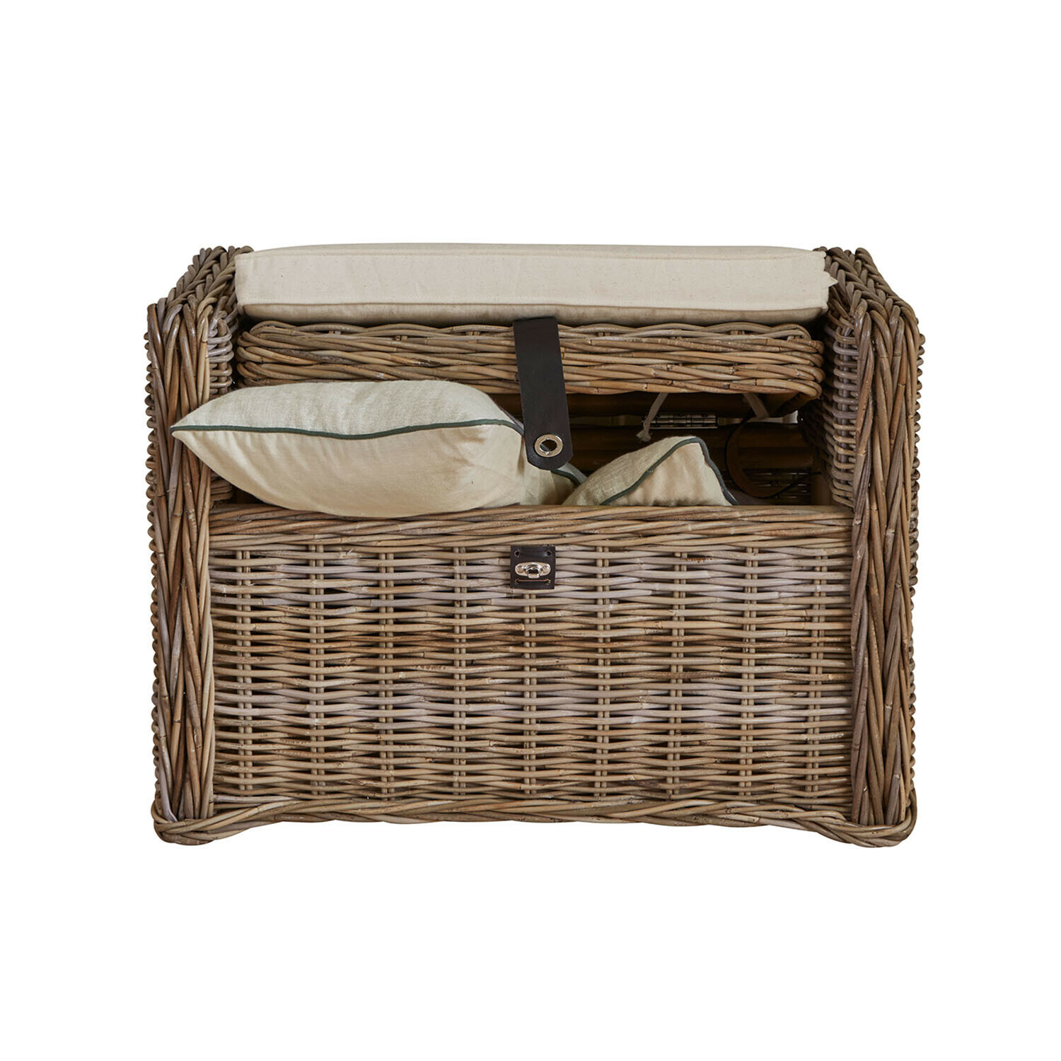 Baule Chantivelle Cesto da picnic in vimini naturale con cuscini crema e cinturino in pelle scura, materiale naturale