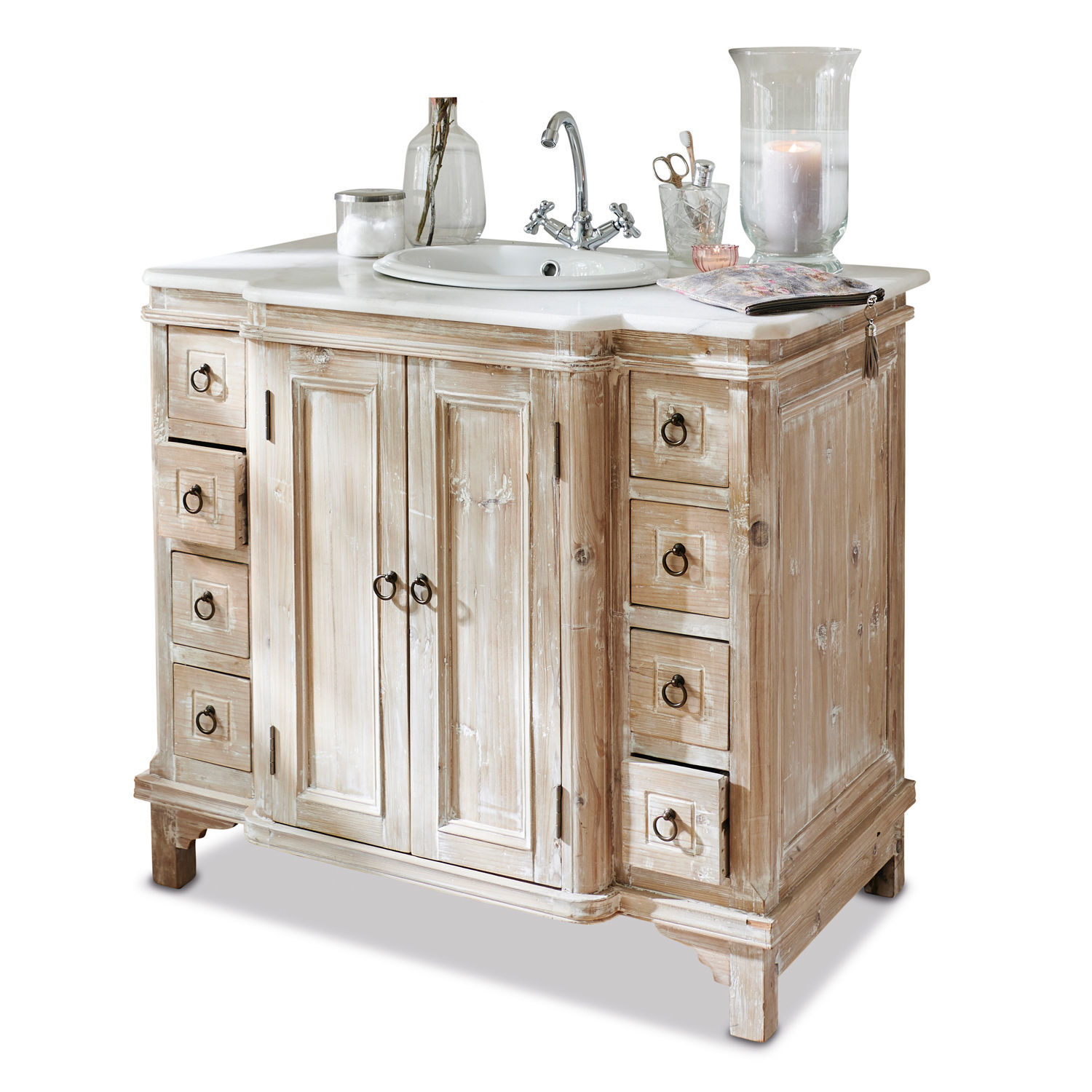 marrone/bianco Mobile lavabo Sunderland in legno sbiancato con lavandino e cassetti per bagno