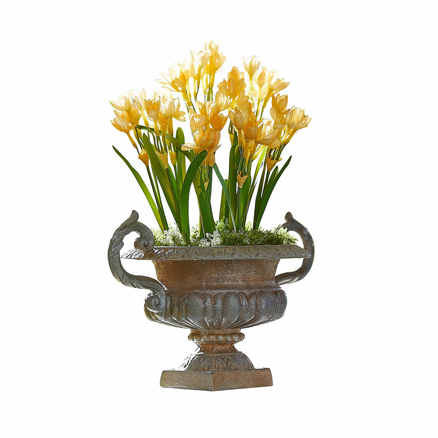 Anfora Iverlon Vaso decorativo in metallo con fiori gialli e foglie verdi su sfondo bianco