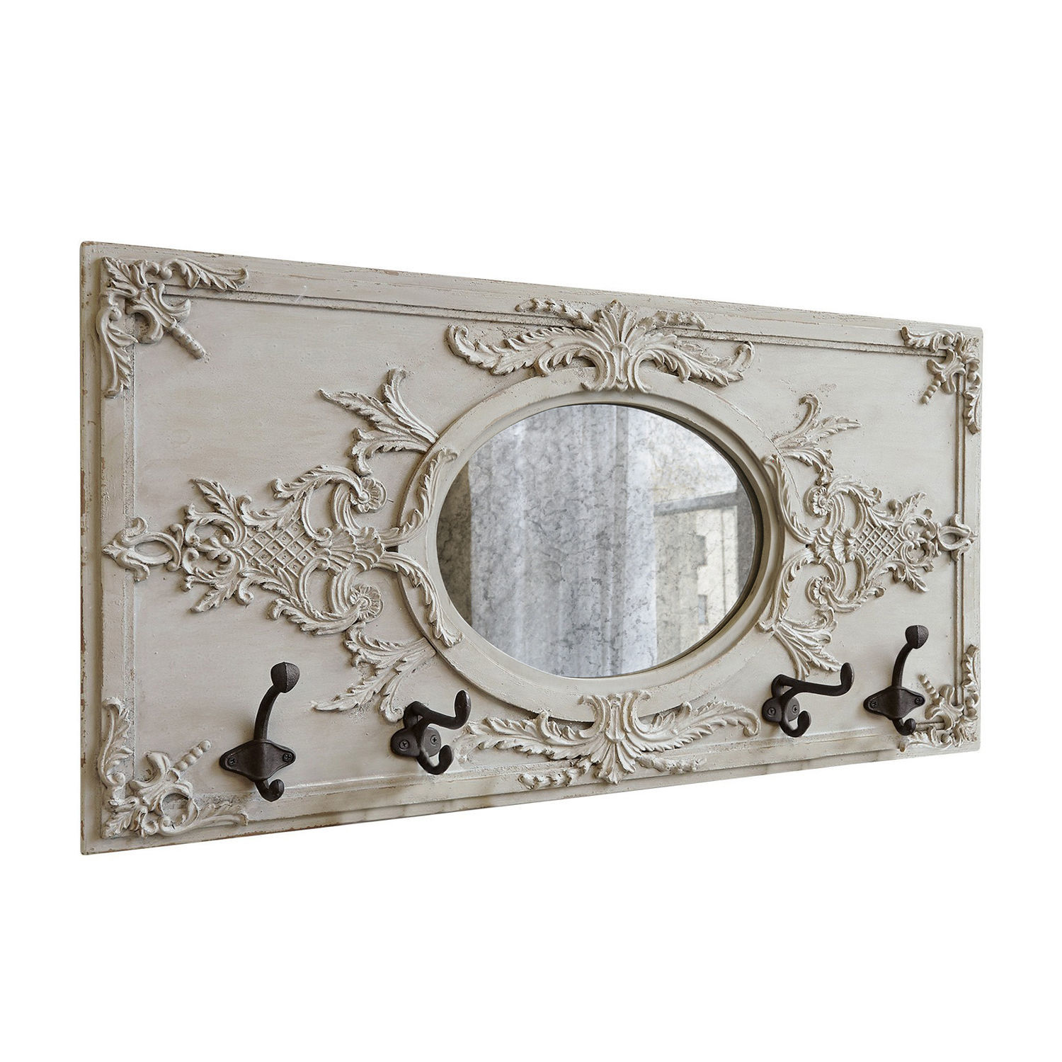 Appendiabiti Béatrice Appendiabiti da parete decorativo in legno beige con specchio ovale e ganci in metallo
