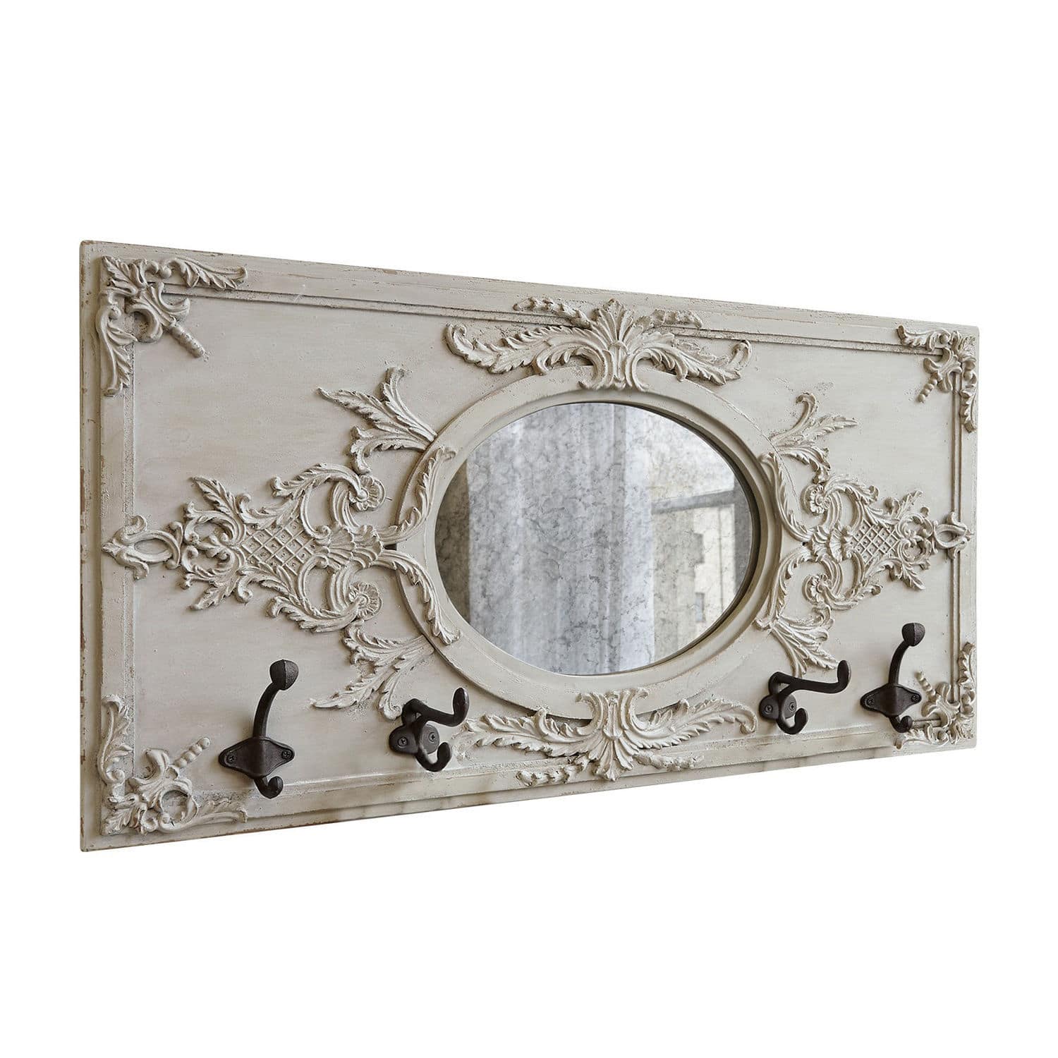 Appendiabiti Béatrice Appendiabiti da parete decorativo in legno beige con specchio ovale e ganci in metallo
