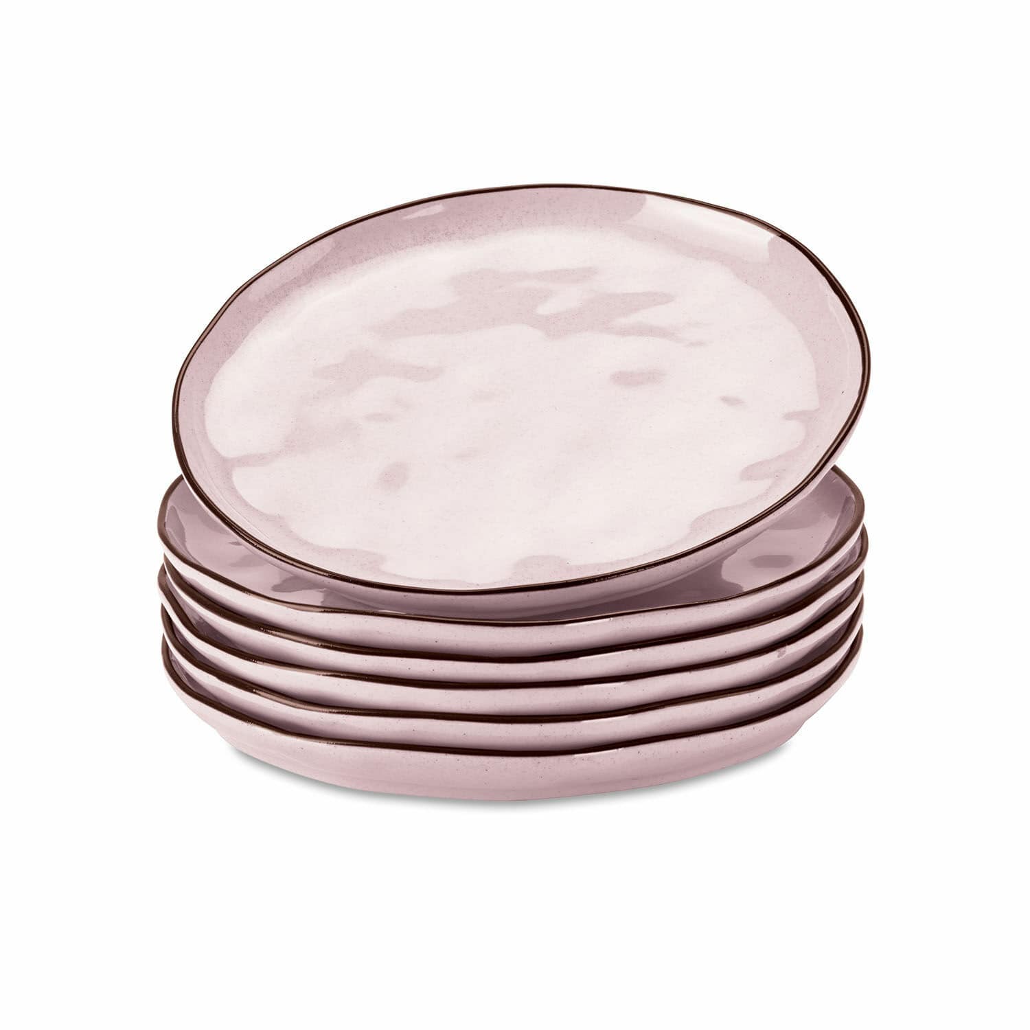 Set di 6 piattini Biarré Set di sei piatti in ceramica rosa chiaro con bordo marrone per servire