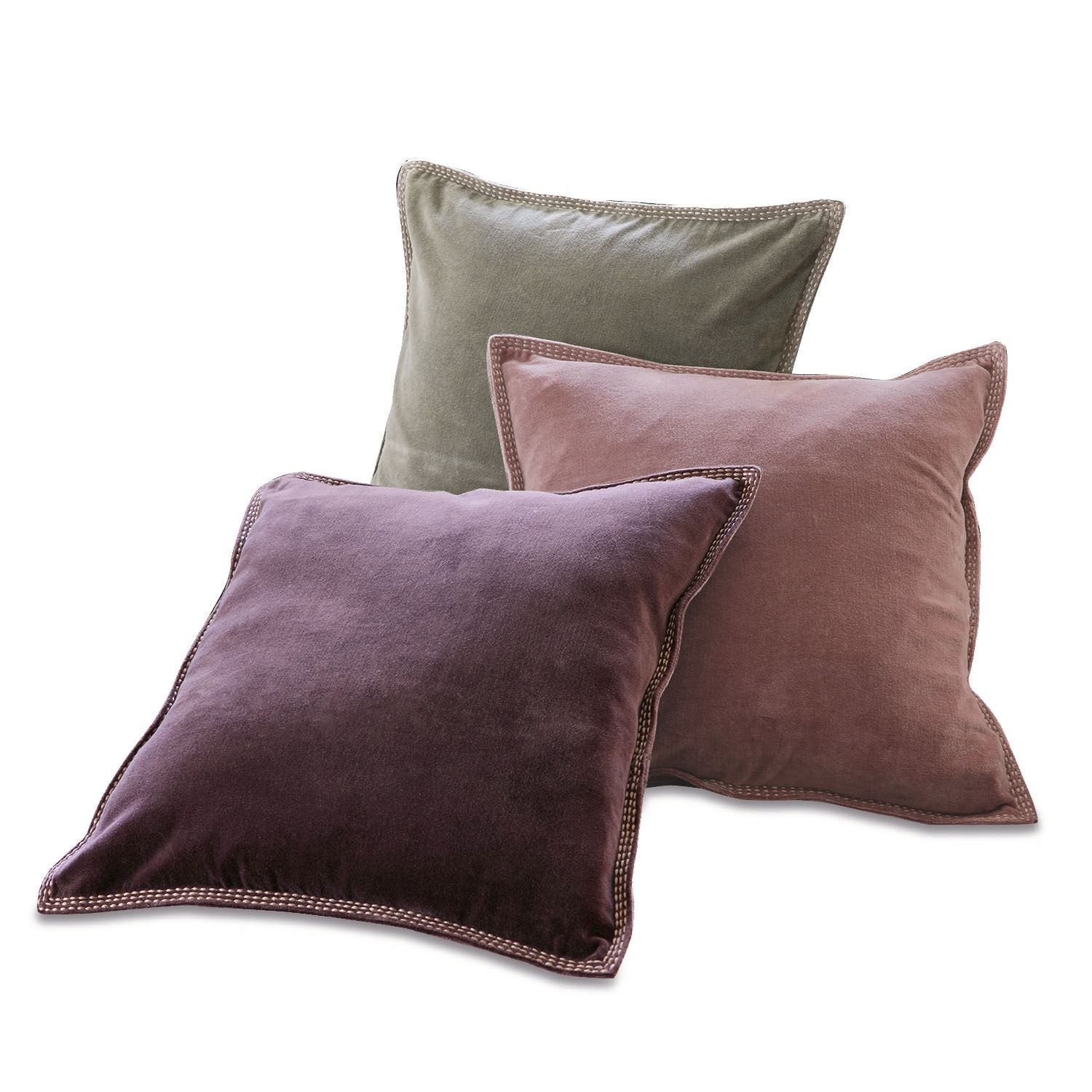 Set di 3 cuscini Allonnes Set di tre cuscini in velluto viola, rosa e verde per decorazioni d'interni eleganti