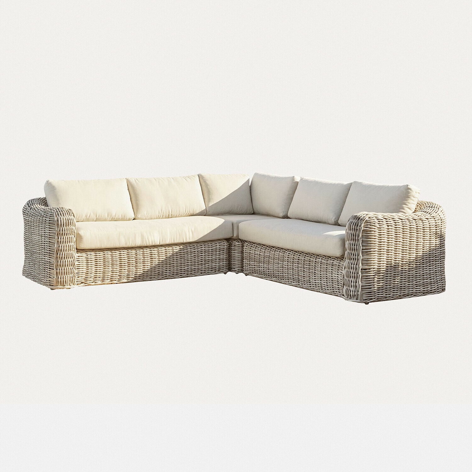 Divano modulare Eravinto Divano angolare in rattan chiaro con cuscini crema, mobile confortevole per soggiorno