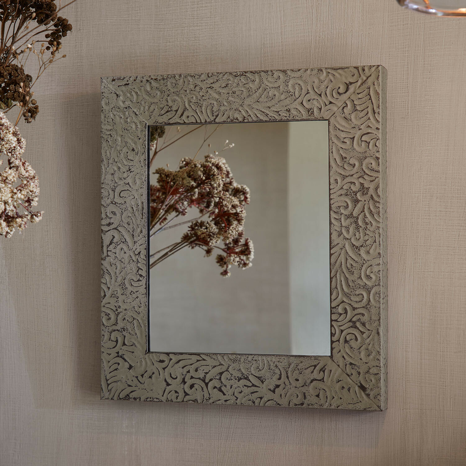 Specchio da parete Alenasse Specchio quadrato con cornice grigia decorata a rilievo, elegante decorazione da parete