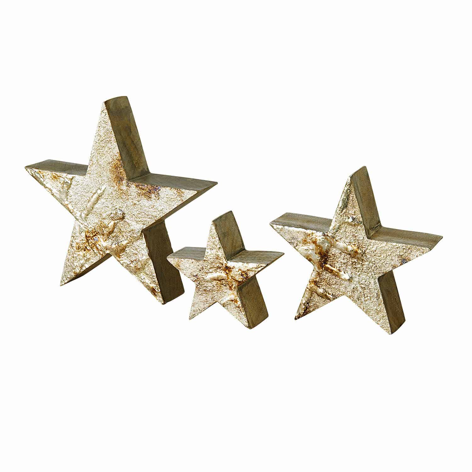 Set di 3 stelle Myrska Set di tre stelle decorative in legno e metallo dorato per decorazione d'interni