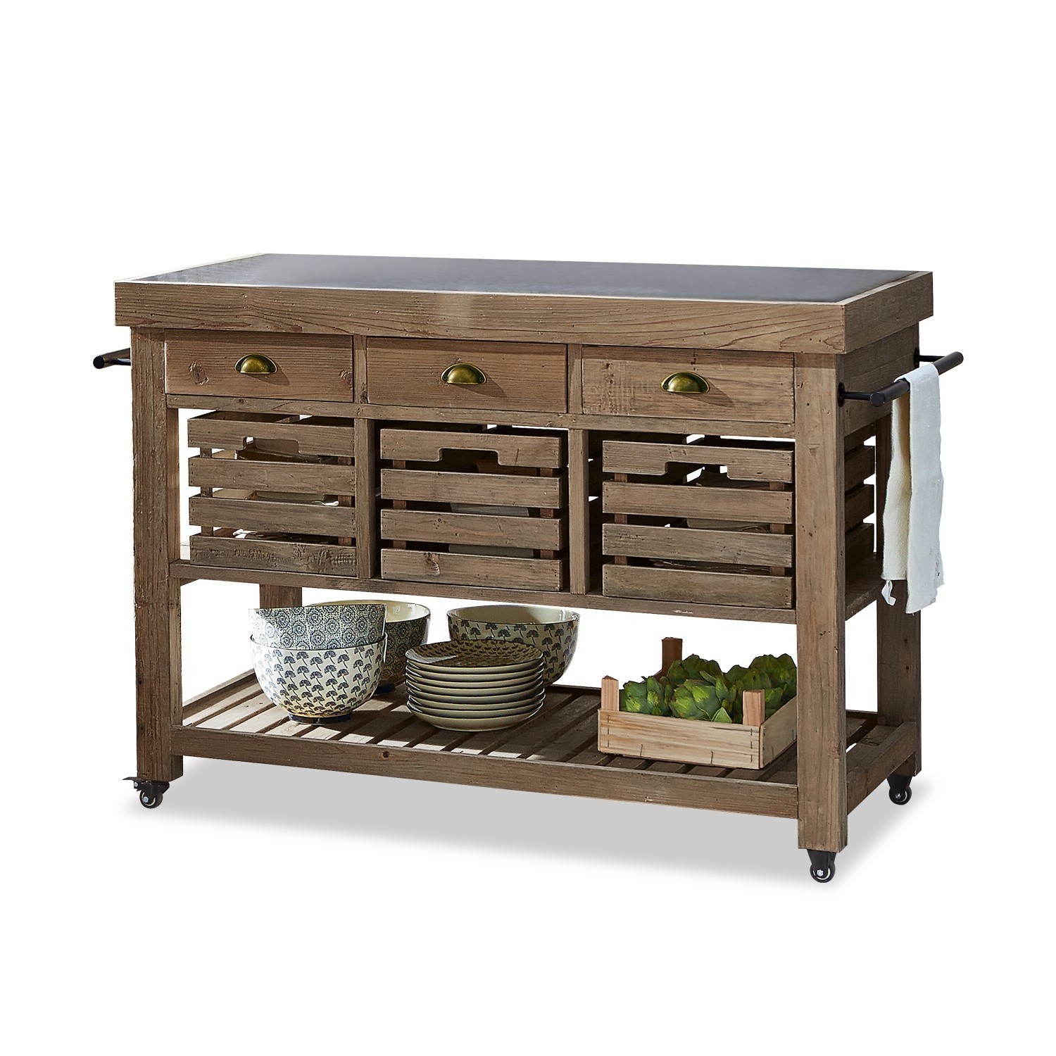 Mobile da cucina Haddonfield Carrello da cucina in legno con cassetti e ripiani, piano in metallo, mobile pratico per conservazione