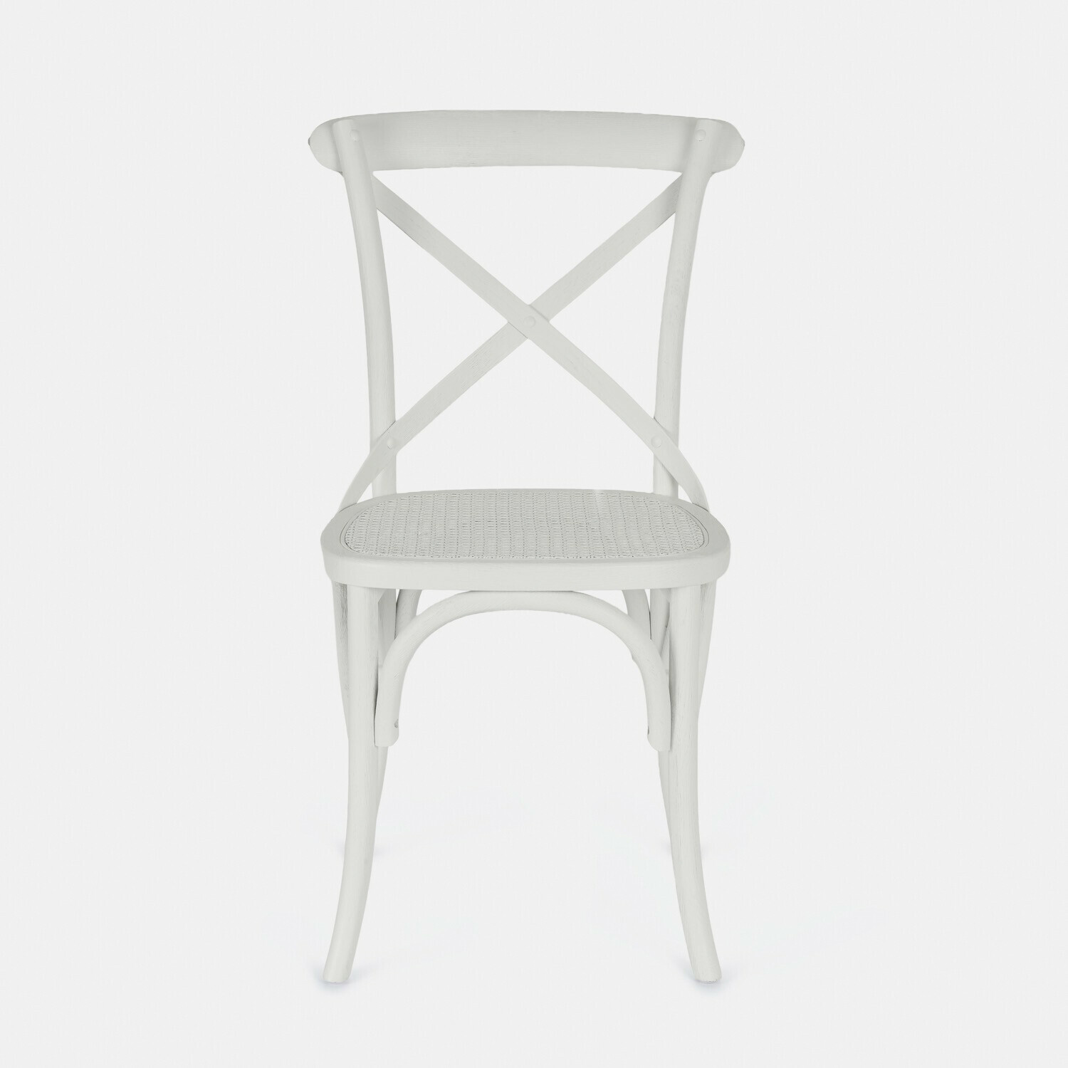 Sedia Kary Sedia in legno bianco con schienale a croce e seduta intrecciata, stile rustico