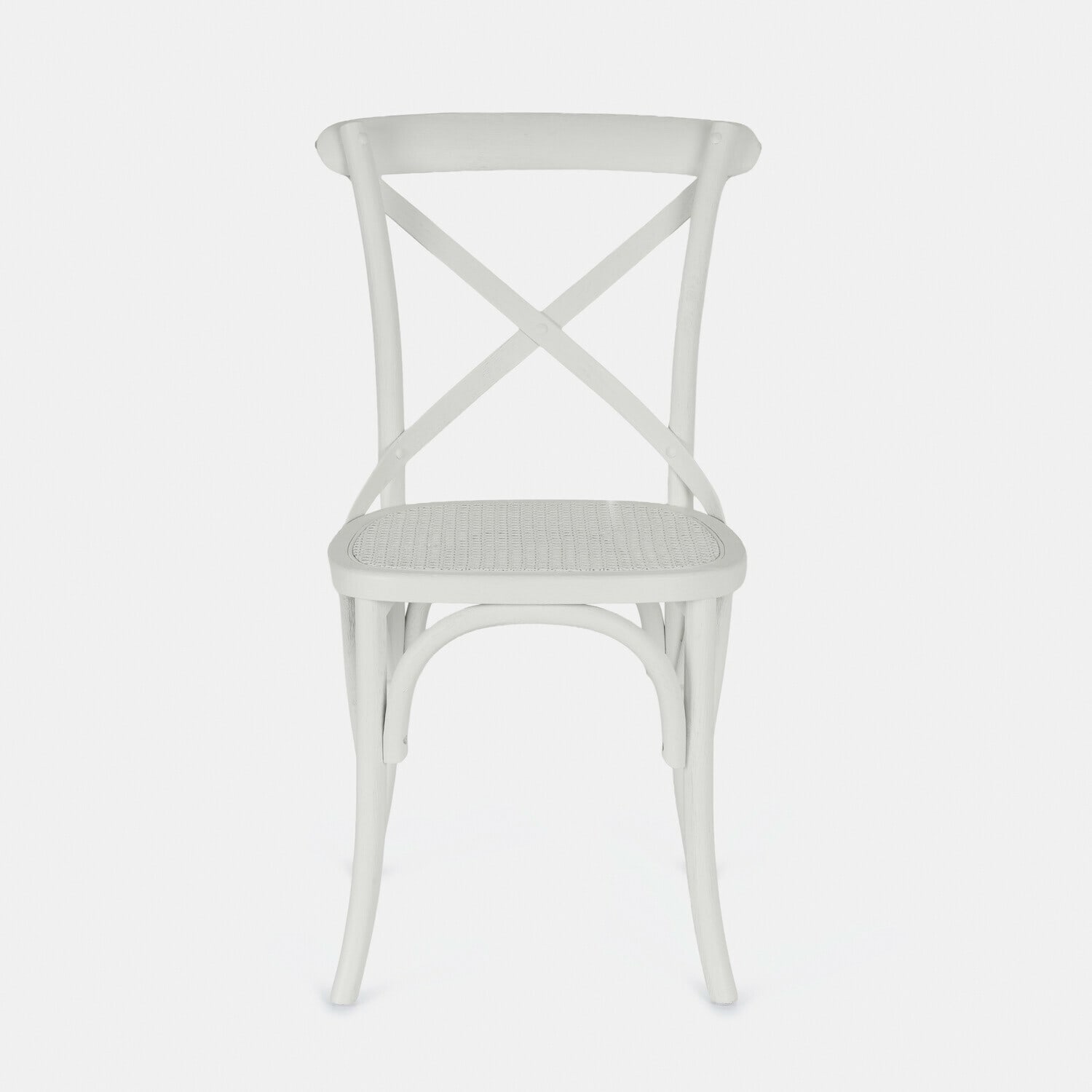 Sedia Kary Sedia in legno bianco con schienale a croce e seduta intrecciata, stile rustico