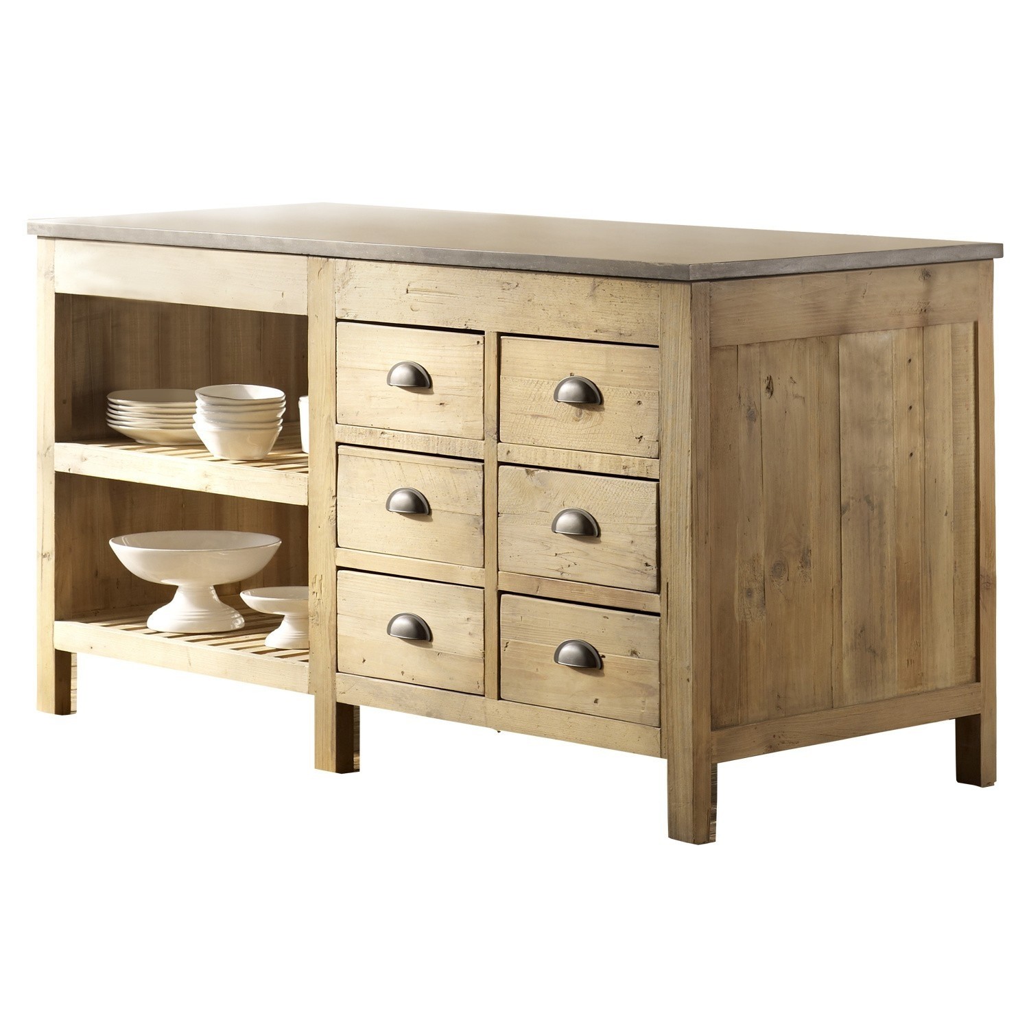 Isola da cucina Crawley Isola da cucina in legno con sei cassetti e ripiani aperti in colore legno naturale