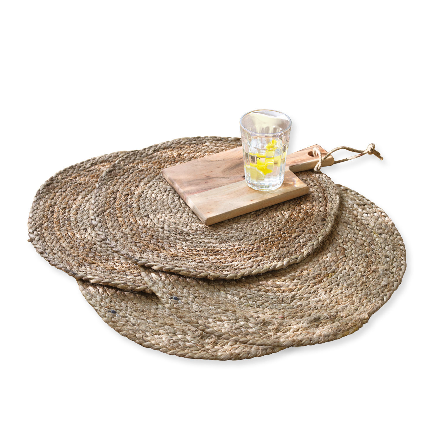 Set di 4 tovagliette Dooling Set di tovagliette rotonde in juta colore naturale con tagliere e bicchiere d'acqua