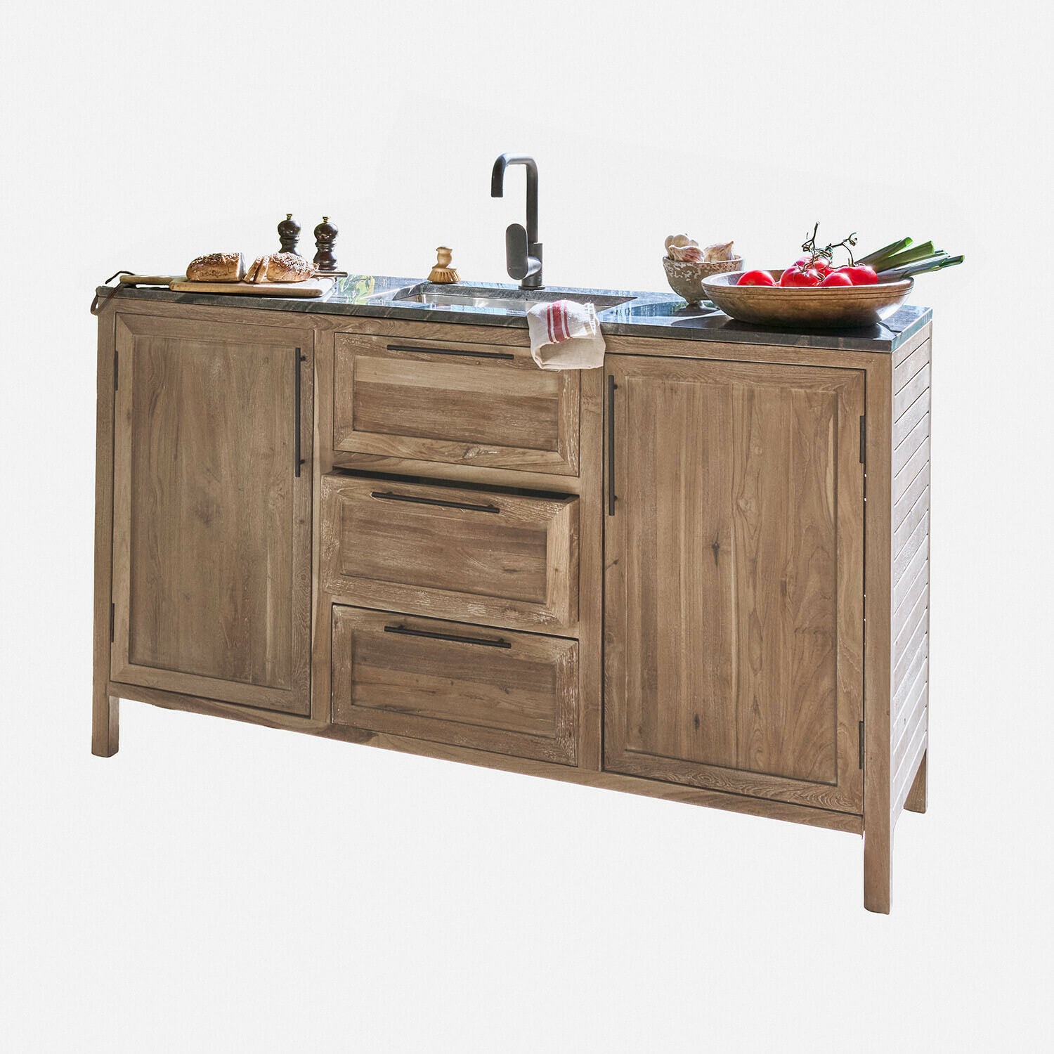 Mobile con lavello per esterni Corviano Mobile cucina in legno con piano nero e lavello, dotato di armadietti e cassetti in stile rustico