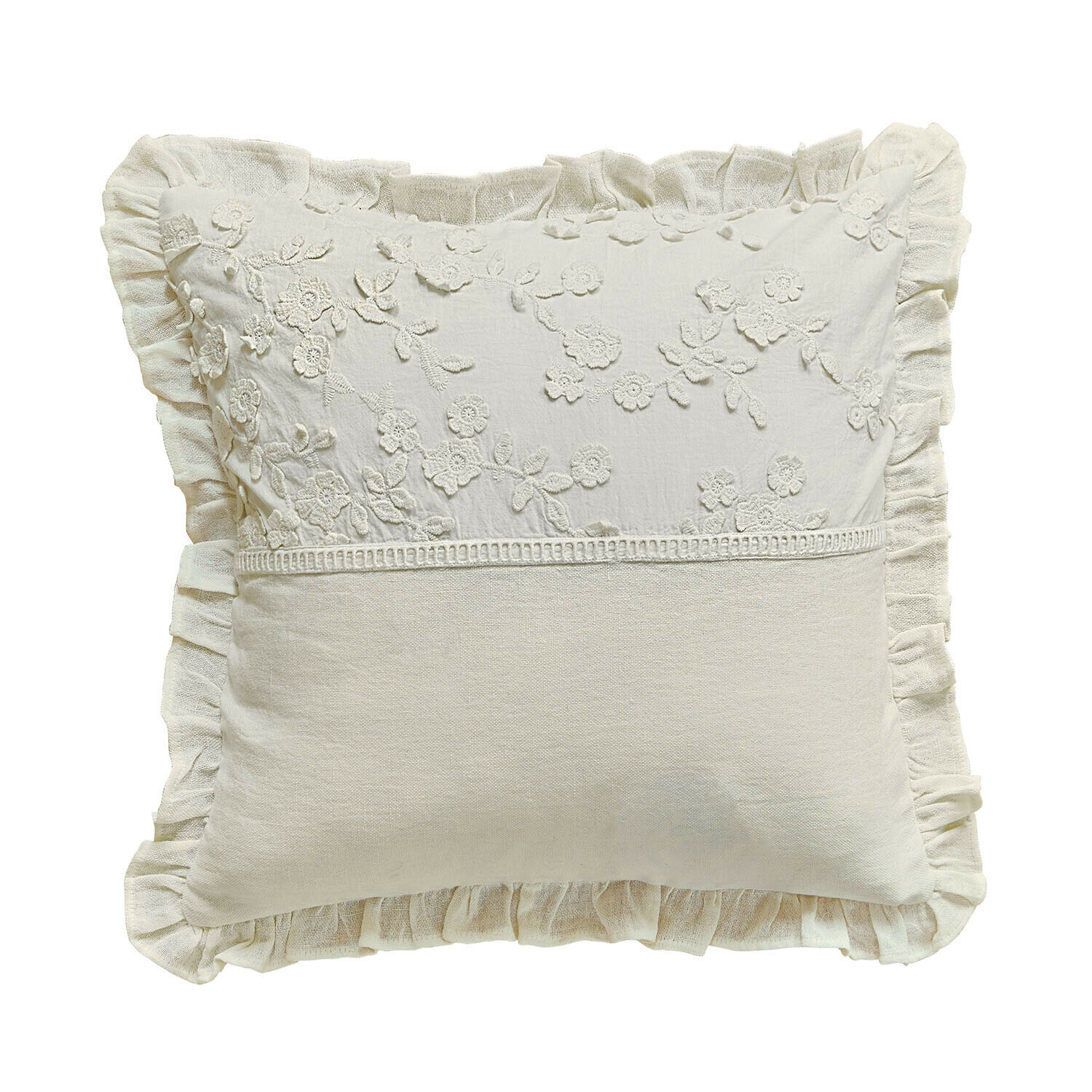Copricuscino Lunérie Cuscino decorativo beige in cotone con ricamo floreale e volant, stile rustico