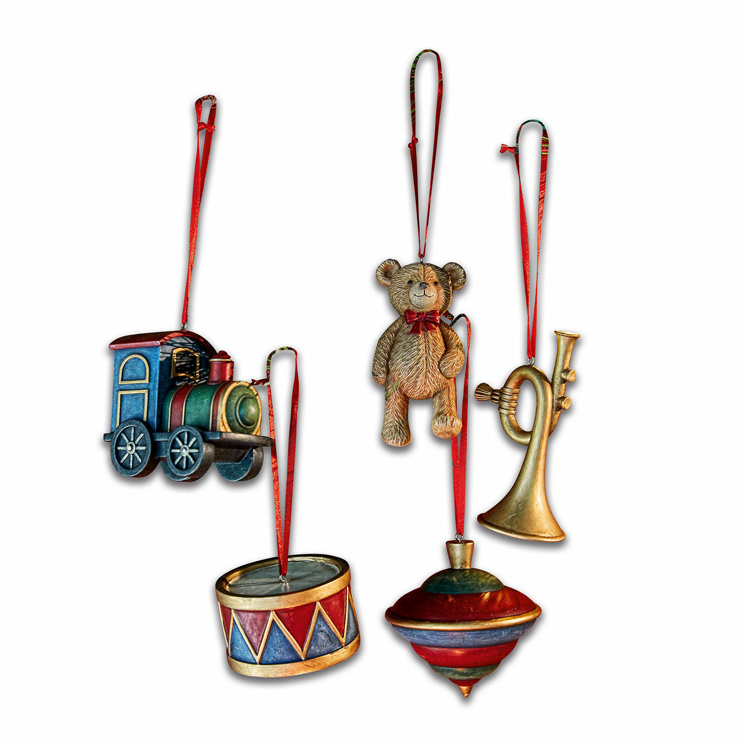 Set di 5 decorazioni da appendere Dassa Set di cinque decorazioni natalizie in metallo: locomotiva, tamburo, orsetto, trottola e tromba con nastri rossi