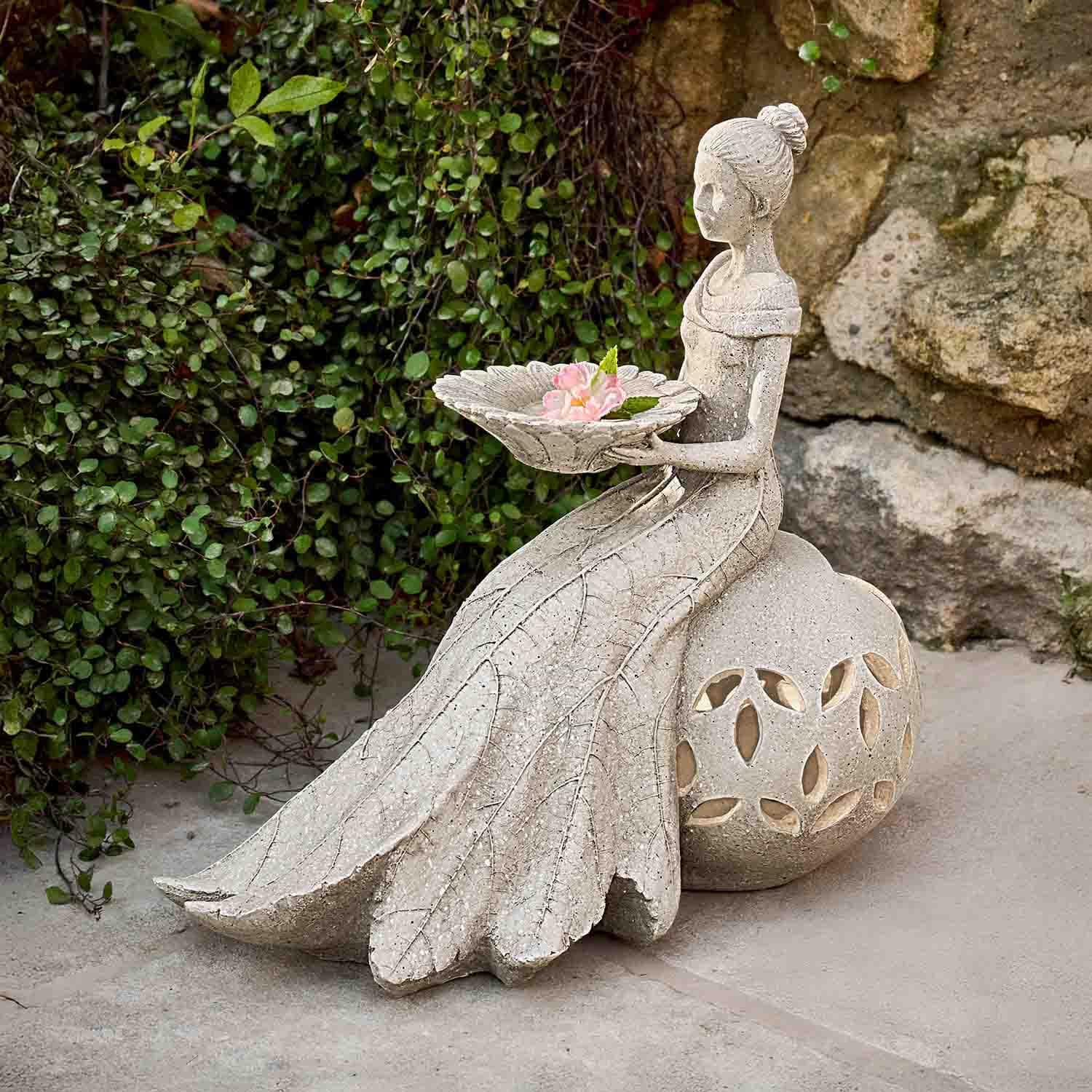 Statua da giardino in pietra raffigurante donna con ciotola per fiori, decorazione esterna