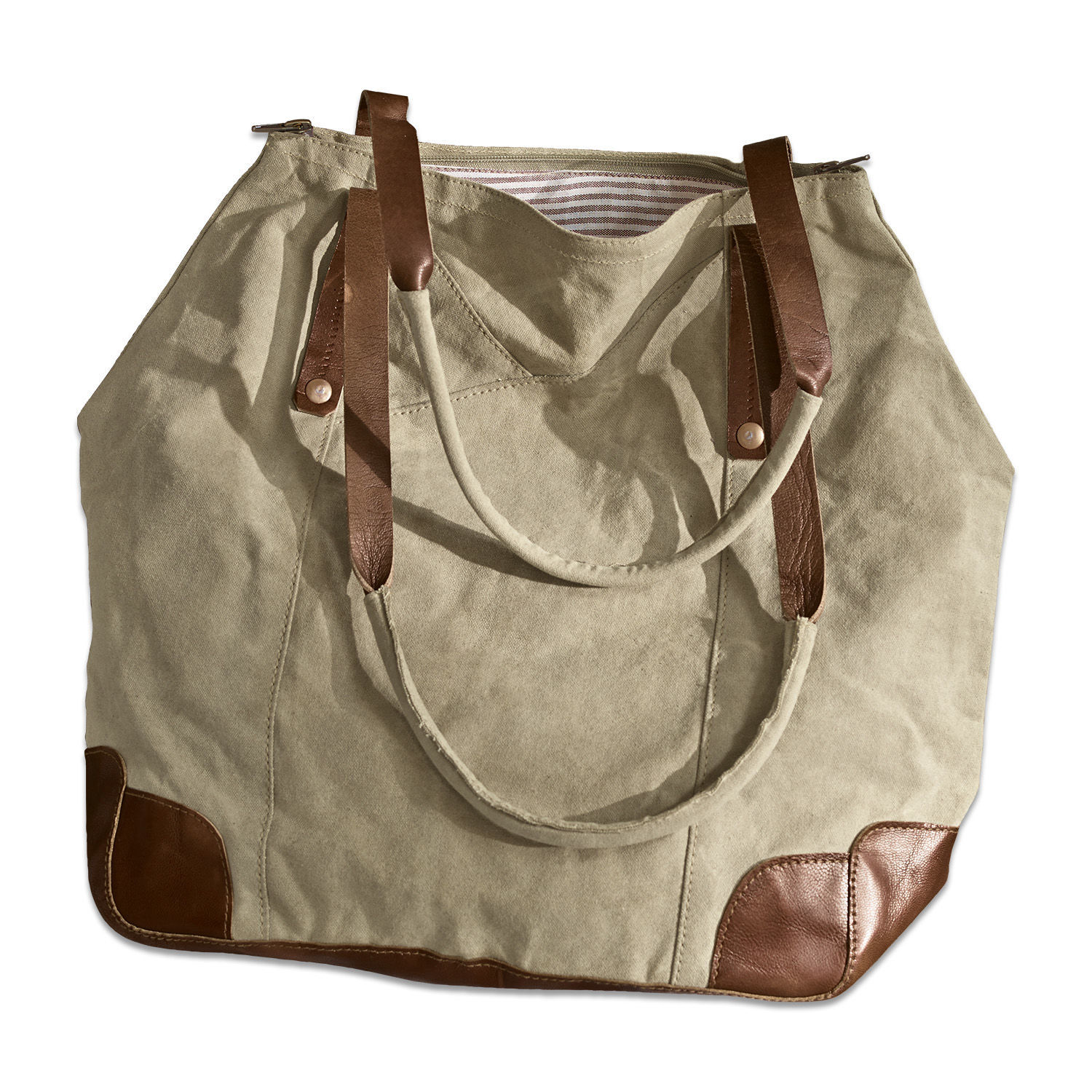 Borsa Padme Borsa beige in tela con manici e rinforzi in pelle marrone, borsa pratica per la spesa