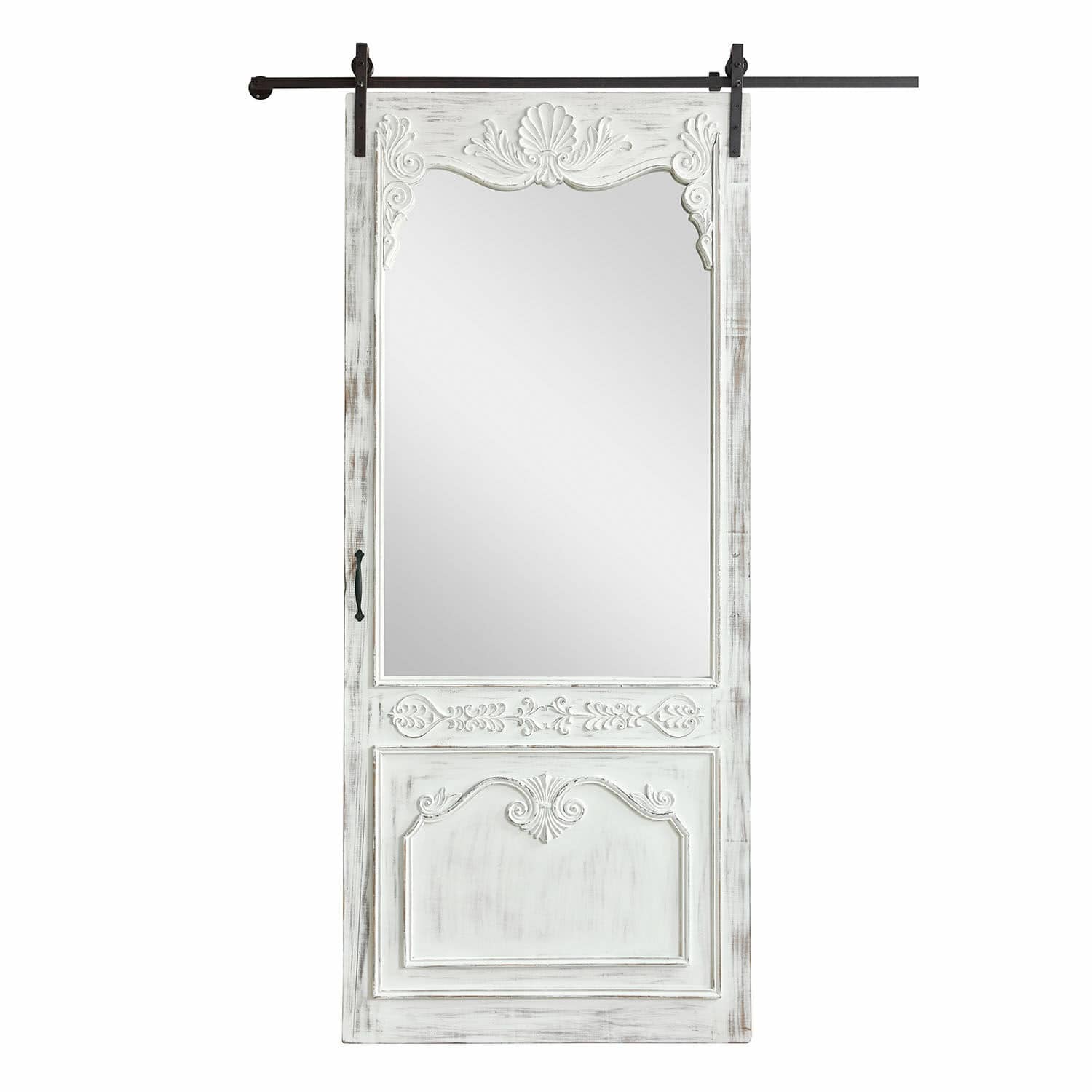 Porta scorrevole Penworth Porta scorrevole in legno bianco con specchio e intagli decorativi in stile vintage